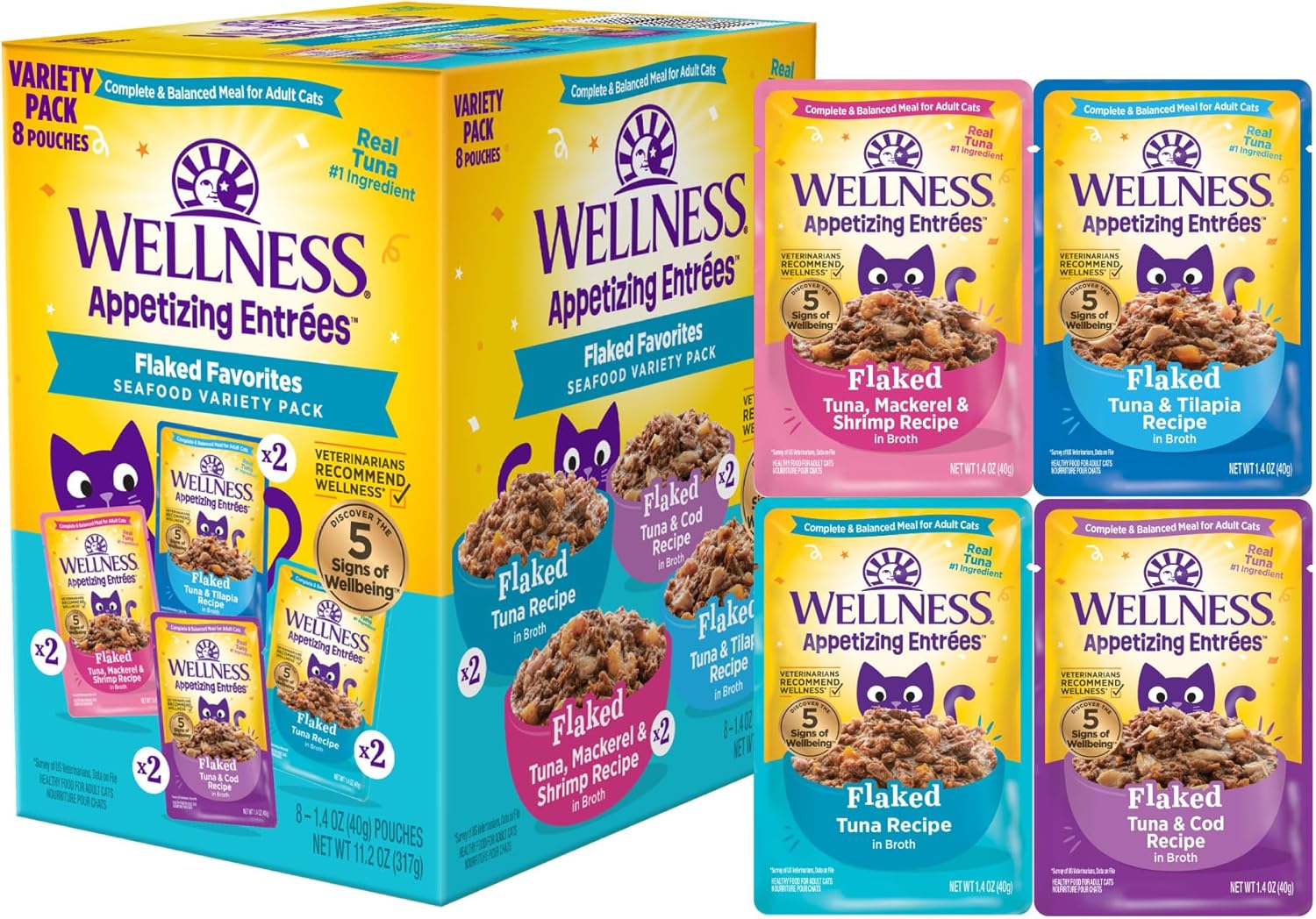 Wellness Appetizing Entrées Flaked Adult Wet Cat Food, Natural, Protein-Rich, Grain Free, 1.4 Ounce Pouch, 8 Pack (Seafood Variety Pack) Wellness Appetizing Entrées Flaked Adult Wet Cat Food, Natural, Protein-Rich, Grain Free, 1.4 Ounce Pouch, 8 Pack (Seafood Variety Pack)