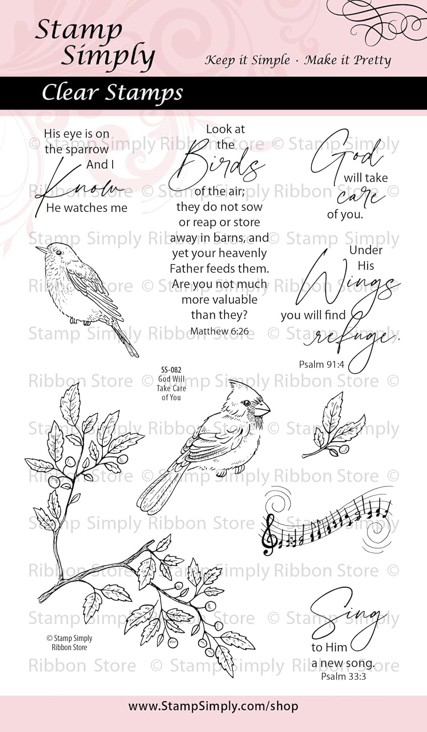Clear Stamps - God Will Take Care of You Bird Song and Branch 4x6 Inch Sheet - 10 Pieces
