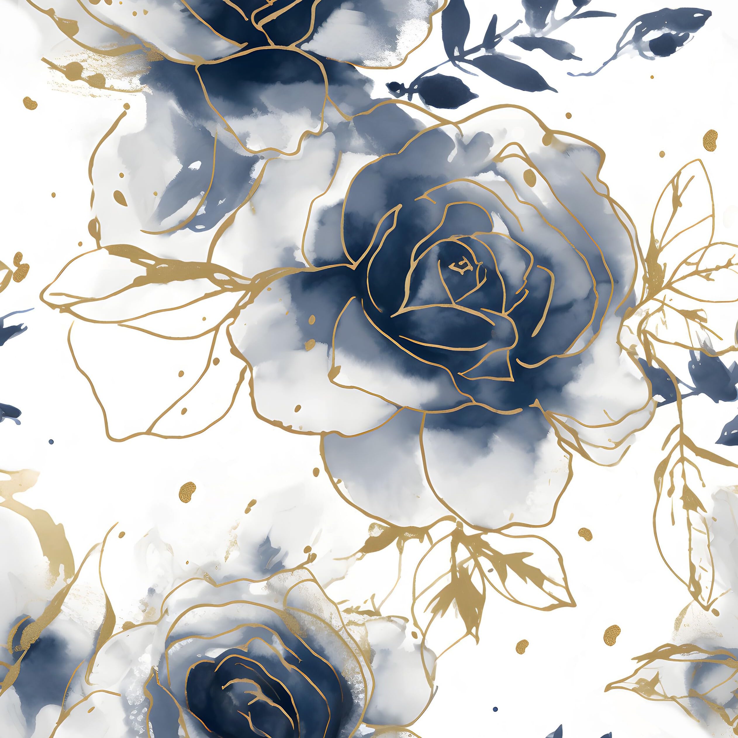 White Floral Wallpaper Peel and Stick Watercolor Blue/Golden 17.4" x 393" Rose Flower Contact Paper Modern Wall Paper Waterproof Self-Adhesive Wall
