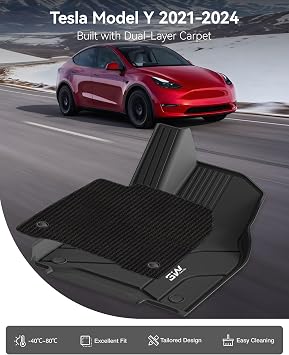 3W Floor Mats For Tesla Model Y 2021 2022 2023 2024 with Carpets on TOP, TPE Dog Friendly Mats, Custom Fit Tesla Model Y Car Liner, All Weather Waterproof Non Slip, Easy to Install Car Accessories