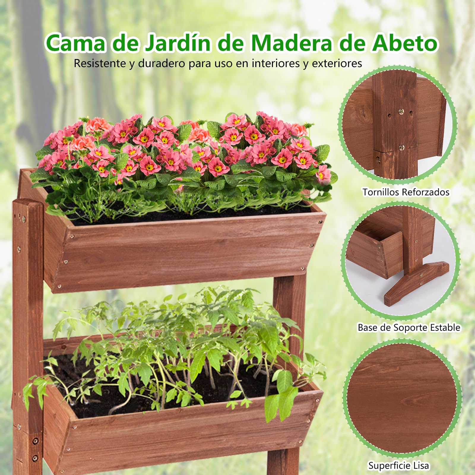 GOPLUS Jardinera Vertical de Madera de Abeto 3 Niveles, Cama Elevada de Jardín con Agujeros de Drenaje y Ángulo Ajustable, para Plantas Flores Verduras Macetas, Balcón Terraza, 71x38x105cm