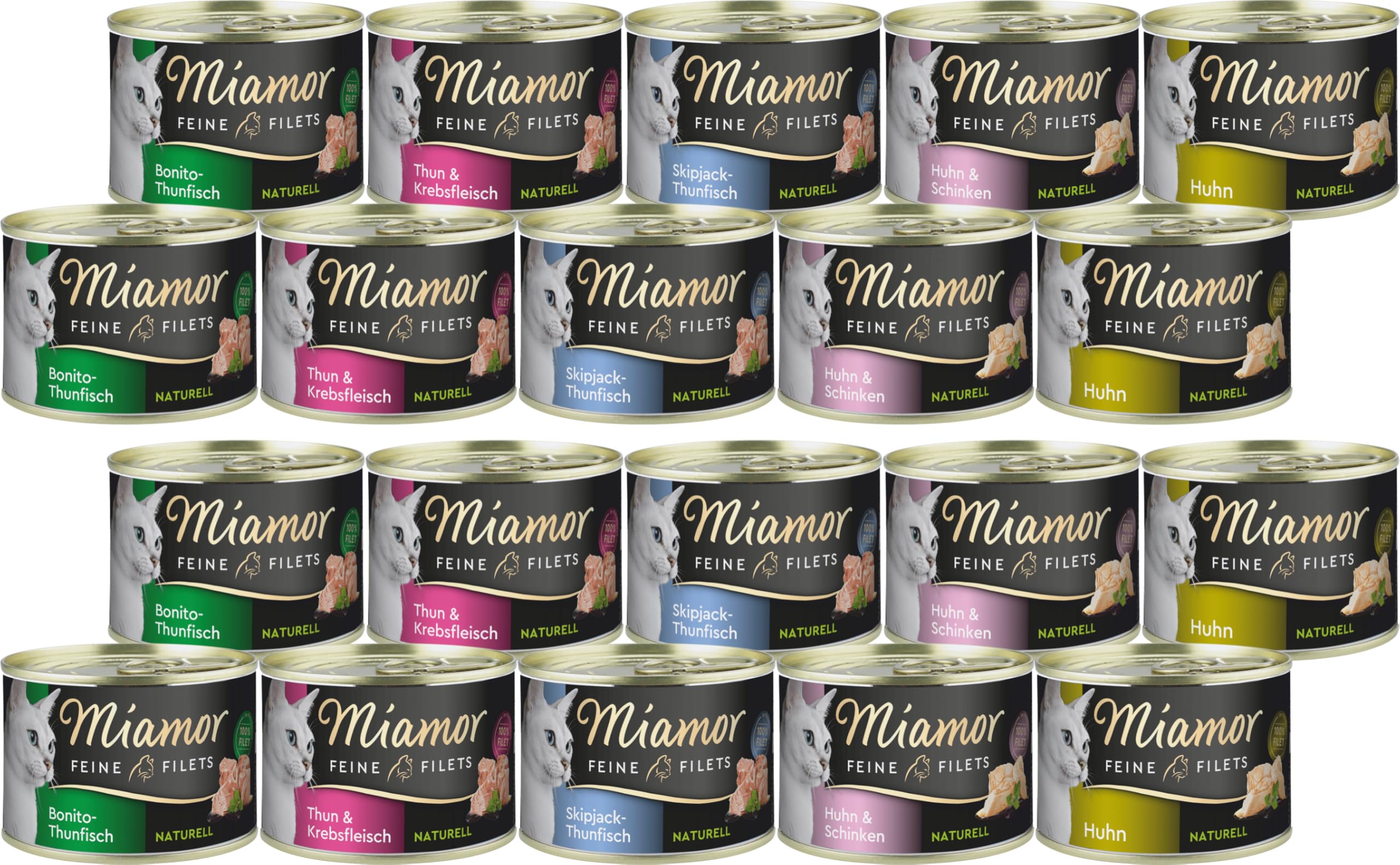 Miamor Feine Filets 20 x 156 g Mixpaket | Garantiert 5 Sorten | Helle Filetstückchen im eigenen Saft | Fettarm, hochbekömmlich, ohne Innereien & tierische Nebenerzeugnisse