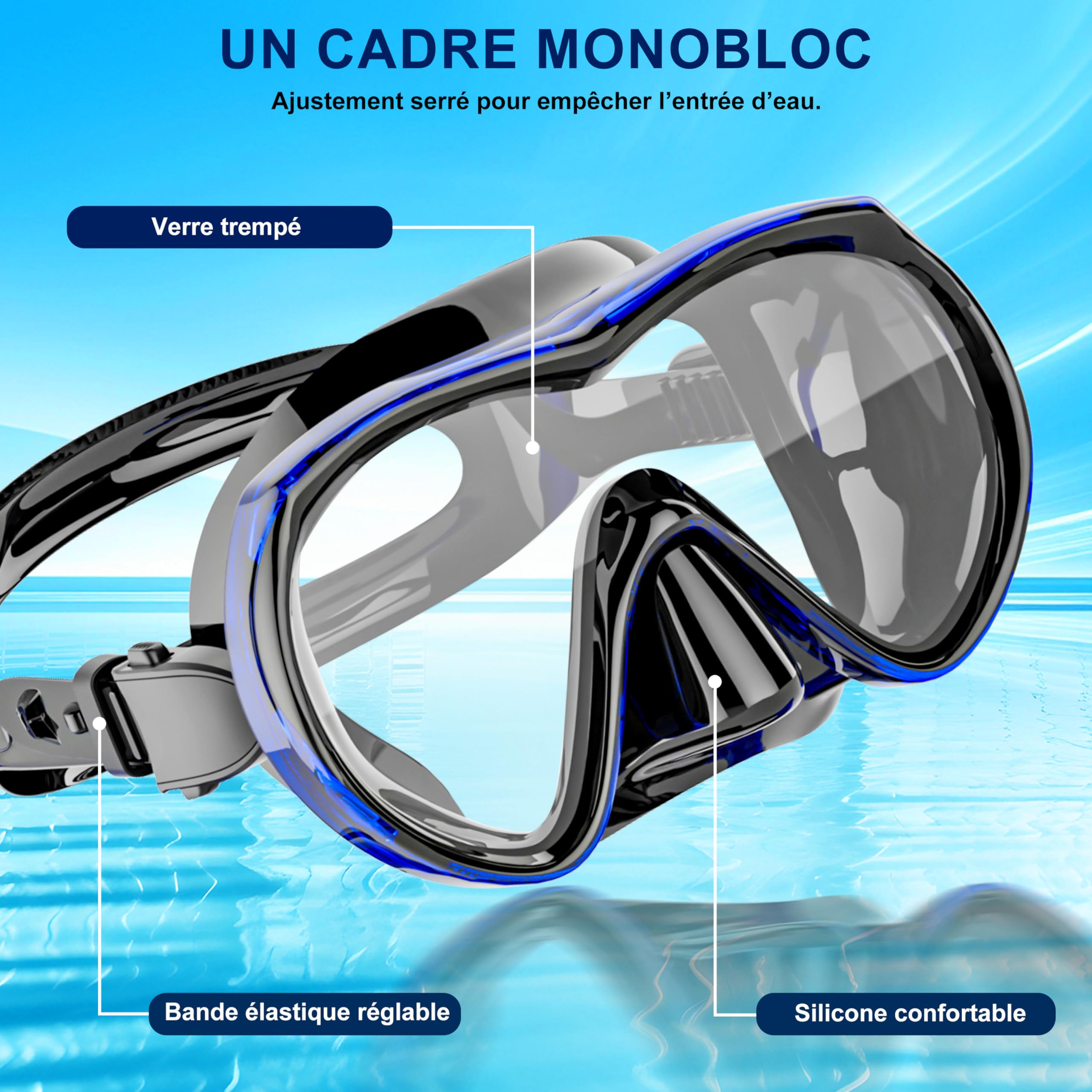 IEEILULU Masque Tuba Adulte – Verre Trempé Anti-buée, Tuba Sec 3 Canaux, Double Vidange, Sangle Réglable, Sac Inclus