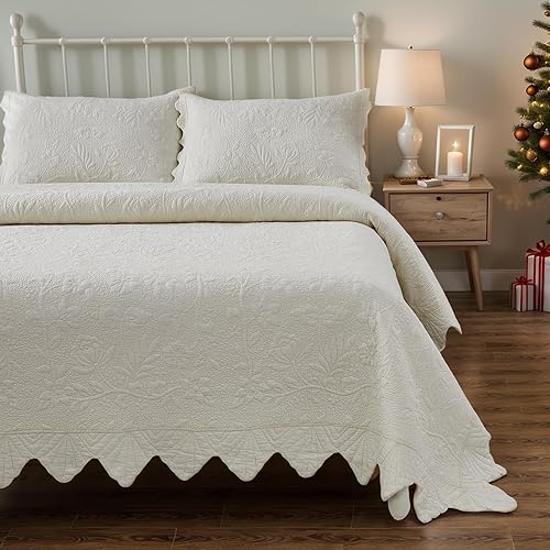 Brandream Juego de edredón de algodón blanco crema tamaño King juego de ropa de cama de lujo para casa de campo colchas acolchadas de 3 piezas