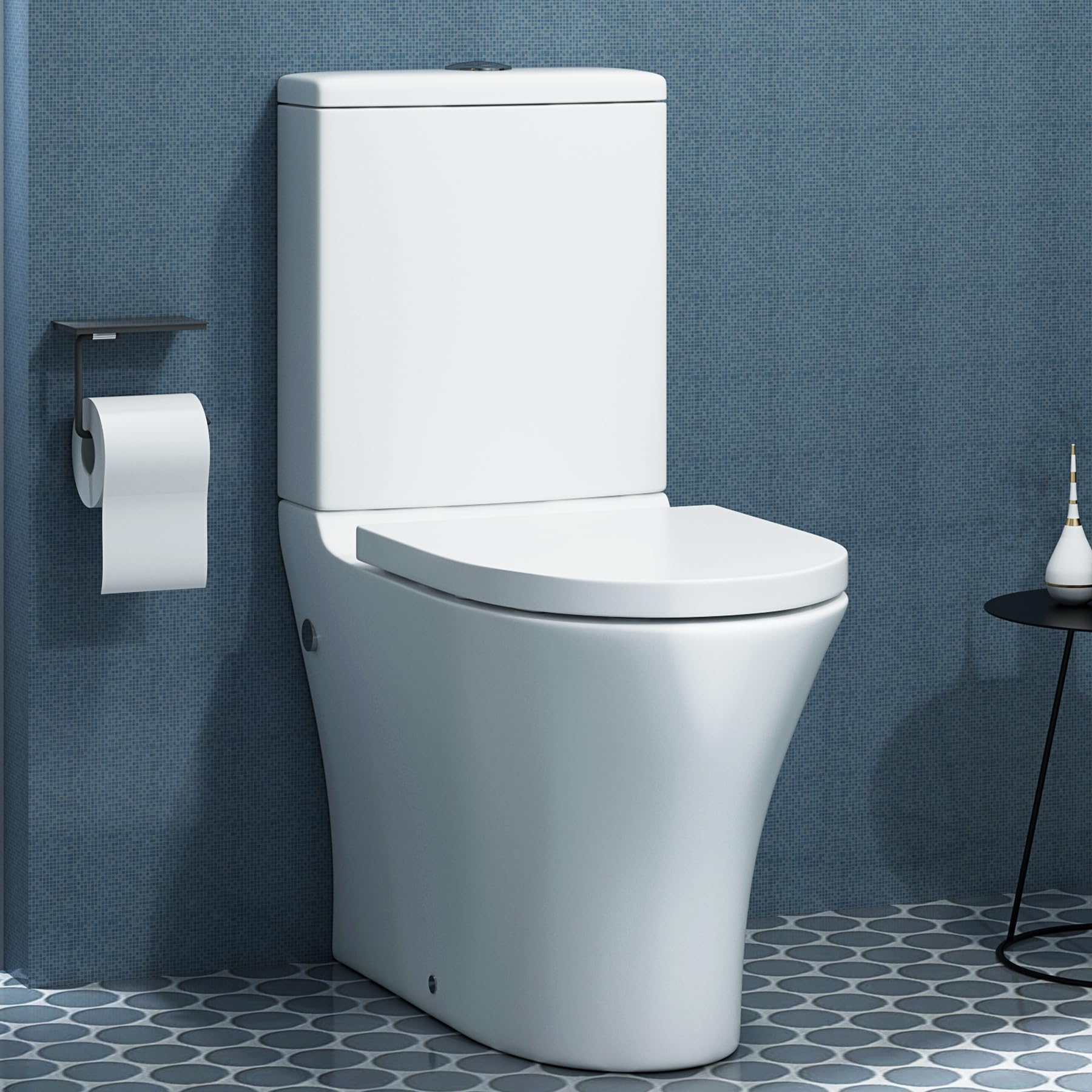 Peak Rimless Close Coupled Toilet Gloss White Round Pan with Dual Flush Cistern & Quick Release Soft Close Seat Bathroom WC Unit