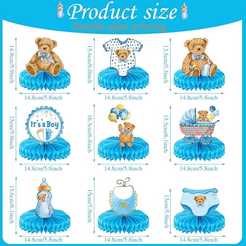 Miniatura 2 de 9 piezas de centro de mesa de panal de oso con texto en inglés "It's a Boy", decoración de mesa de baby shower, suministros de fiesta de oso azul,