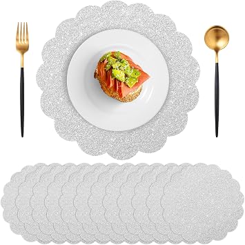 120 Pcs Silver Glitter Paper Placemats, Scalloped Disposable Placemat