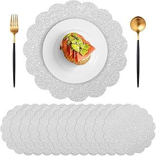 60 Pcs Silver Glitter Paper Placemats, Scalloped Disposable Placemat