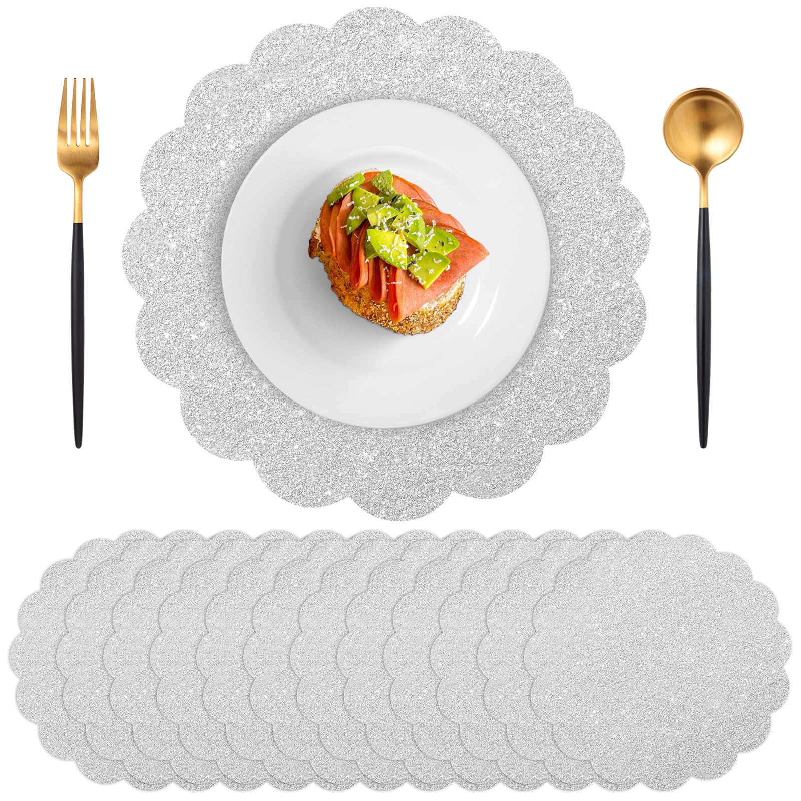Lot de 60 sets de table jetables en papier pailleté argenté 34 cm pour fête et banquet