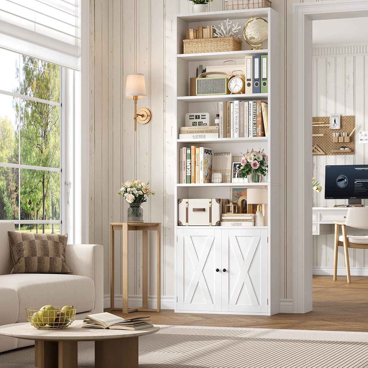 Librería de 82 pulgadas de alto, estantería de granja con puertas, color blanco | Librería de 7 niveles con almacenamiento y estante ajustable, estantería ancha abierta y expositora para sala de estar, oficina en casa