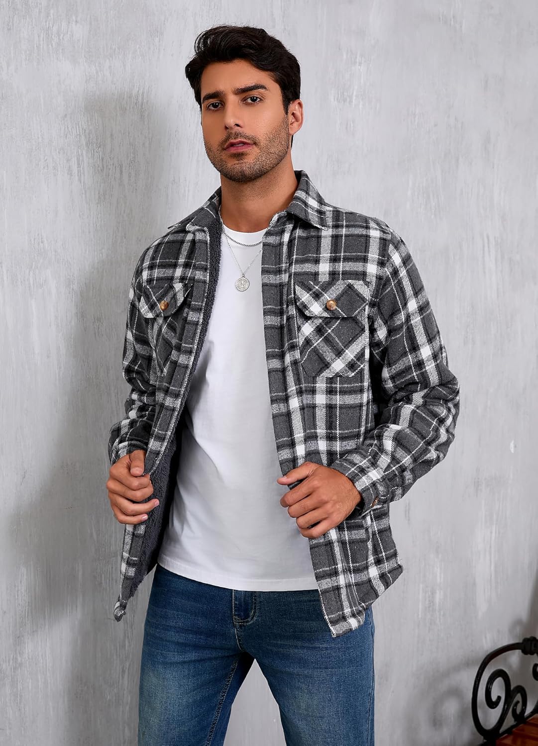 Men's Cotton Sherpa Lined Button Down Flannel Shirt Jacket Plaid Soft Outdoor Flannel Jacket Shirt - Image 2