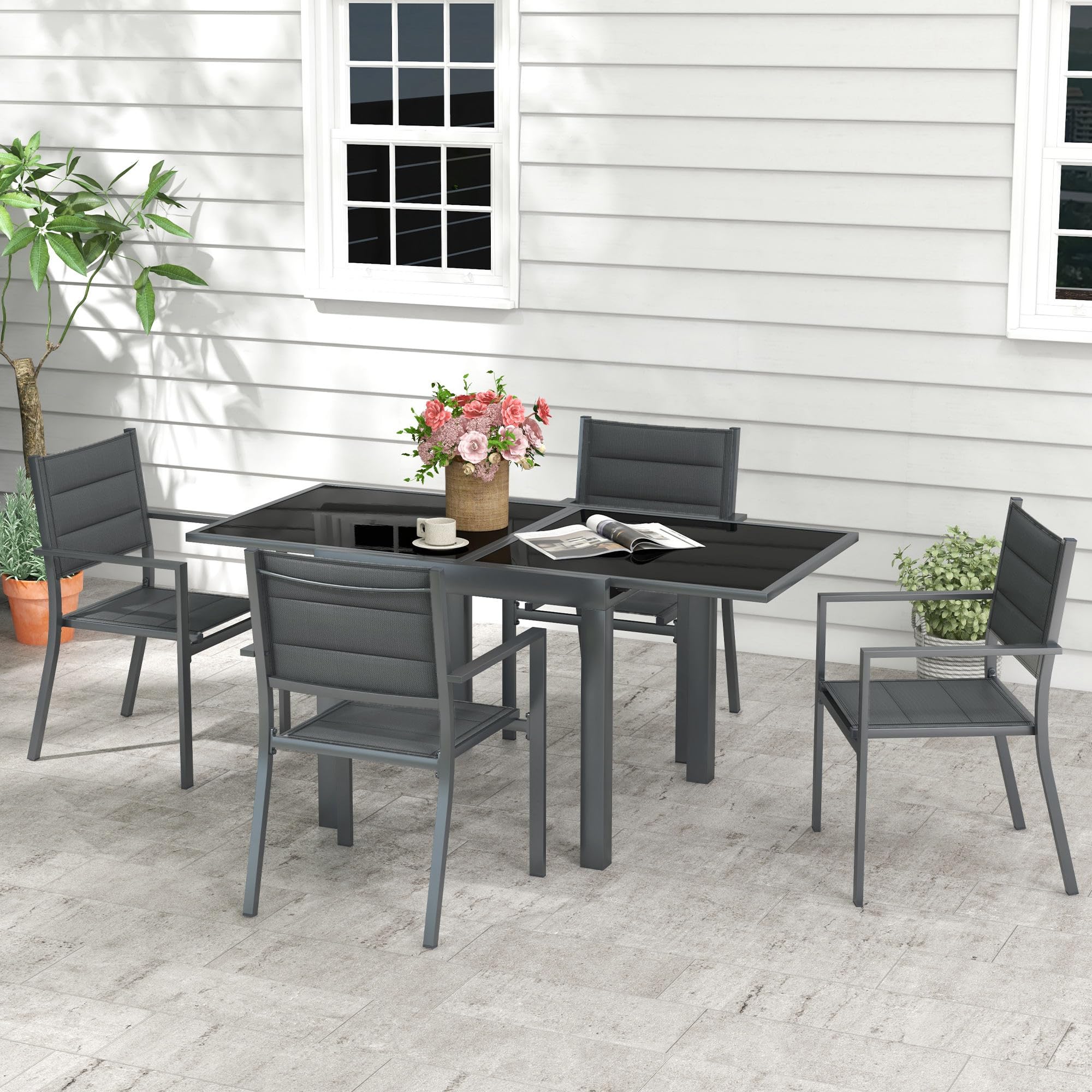 Outsunny Salon de Jardin extérieur en Aluminium et textilène Table Extensible 4 chaises empilables - 4 Personnes - dim. Table 80/160L x 80l x 75H cm Gris