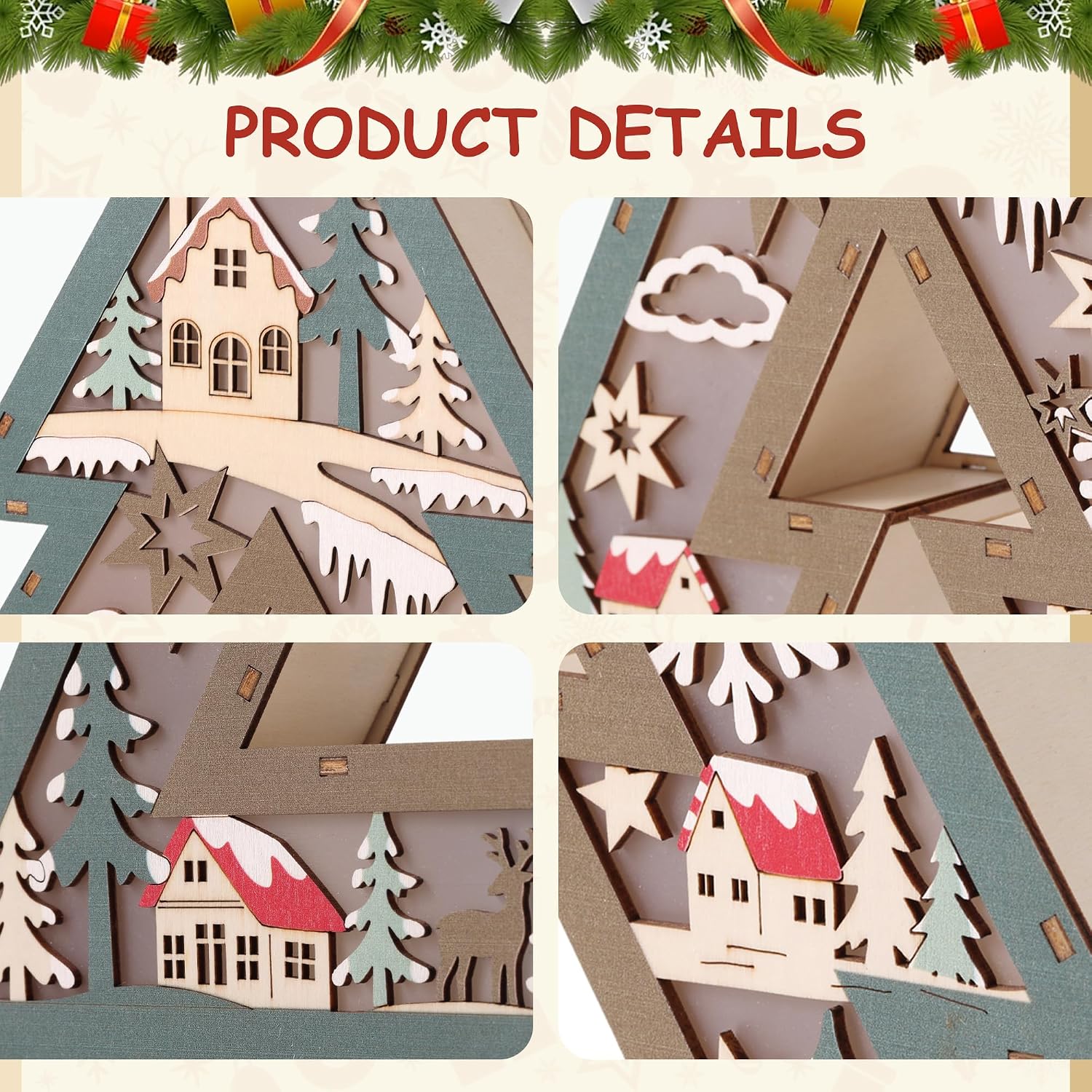 Wooden Christmas Tree Lighted Tabletop Decor, Xmas Winter Village Ornament