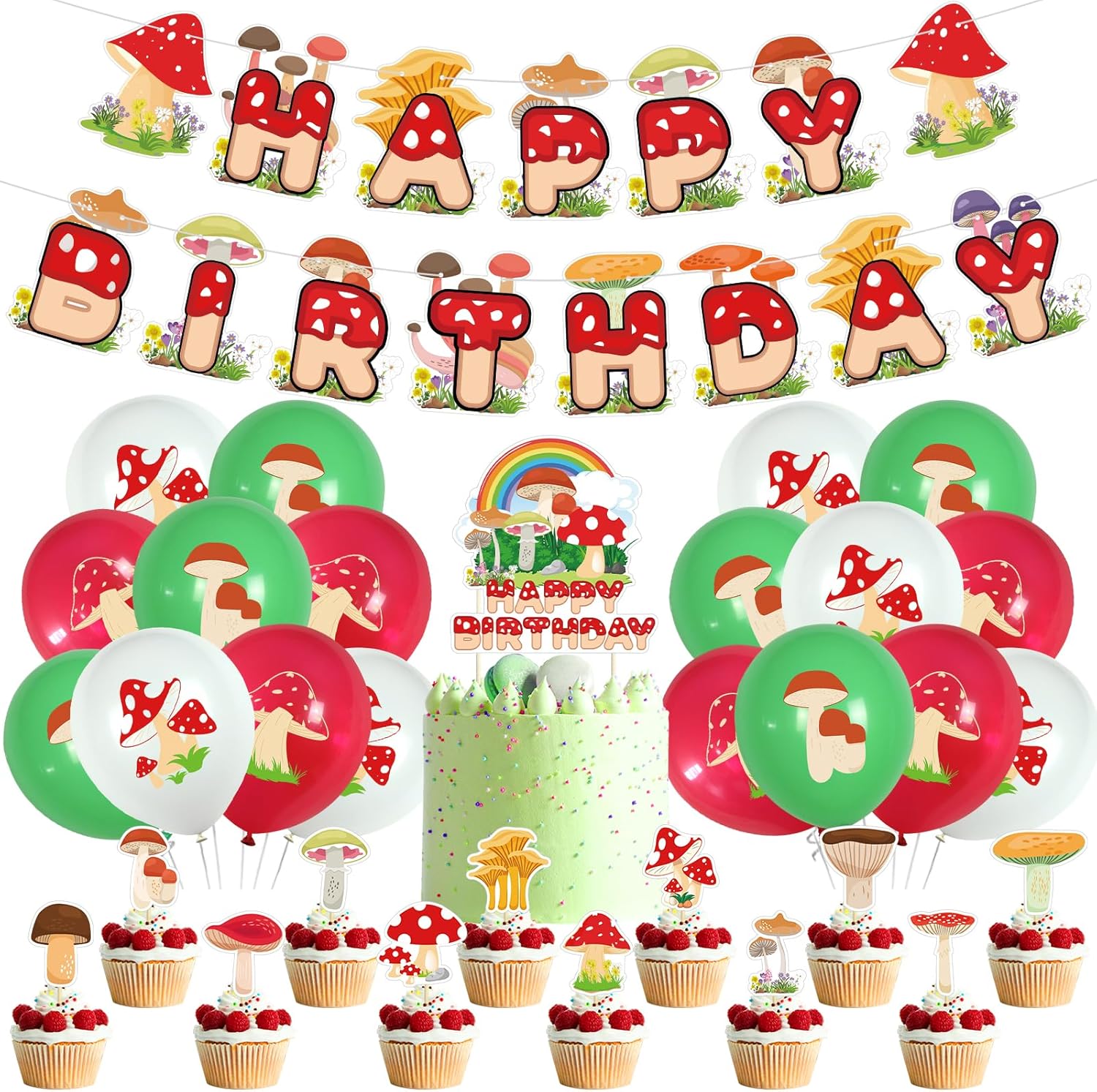 Mushroom Birthday Party Supplies, Mushroom Decorations with Banners