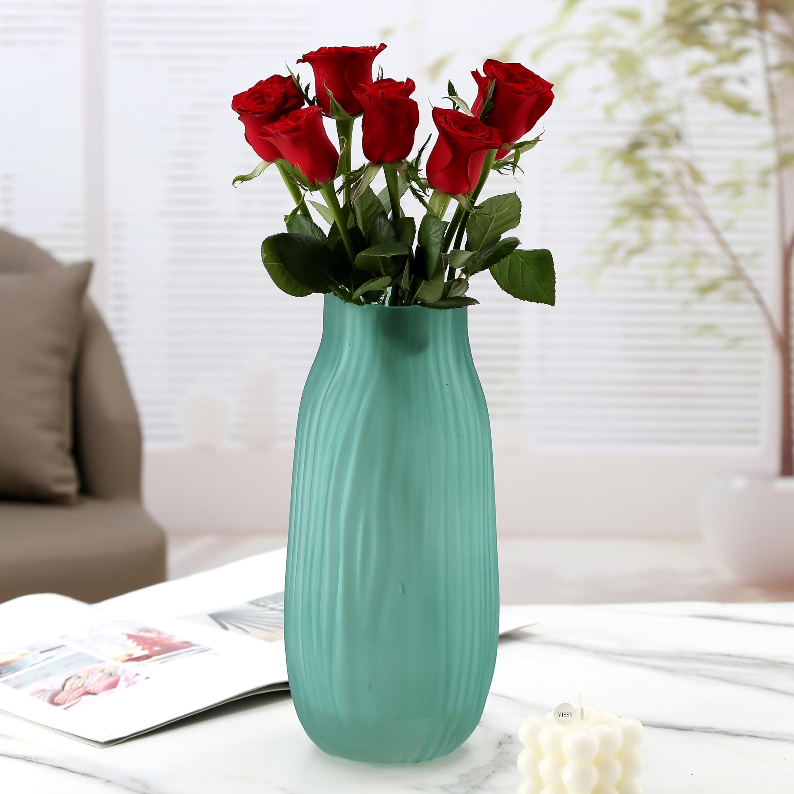 Large Green Glass Vase for Flowers Ribbed Tall Gold Floor Vase 21cm Decorative Vases for Home Table Centerpieces Flowers Decor and Farmhouse(Green 21cm) - Image 3