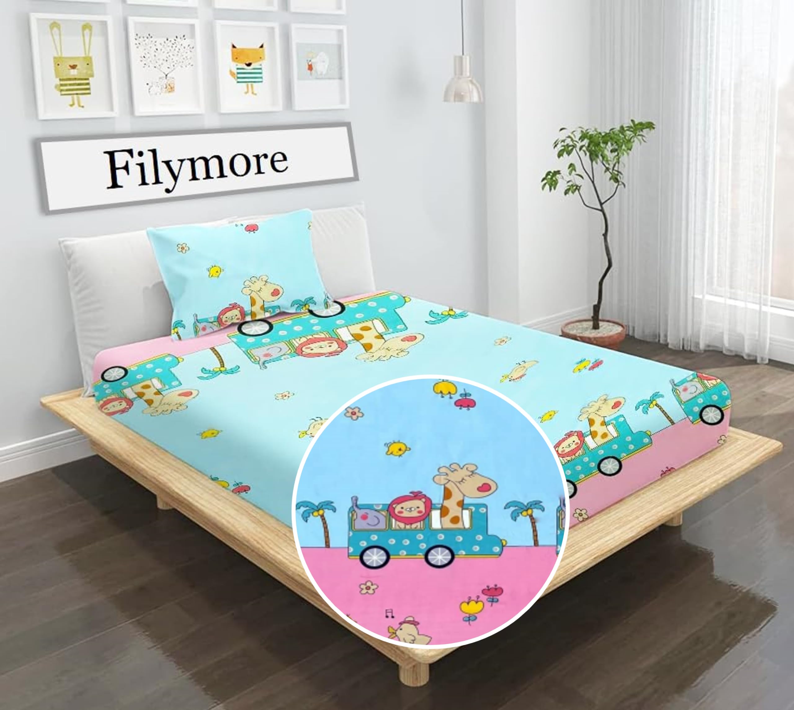 Animal Toy Bedsheet Made with Pure Microfiber Wrinkle Free Soft Hypoallergenic | Cratoon Printed Single Bedsheet Small Size for Kids (90x60) Inches(Peach and SkyBlue)