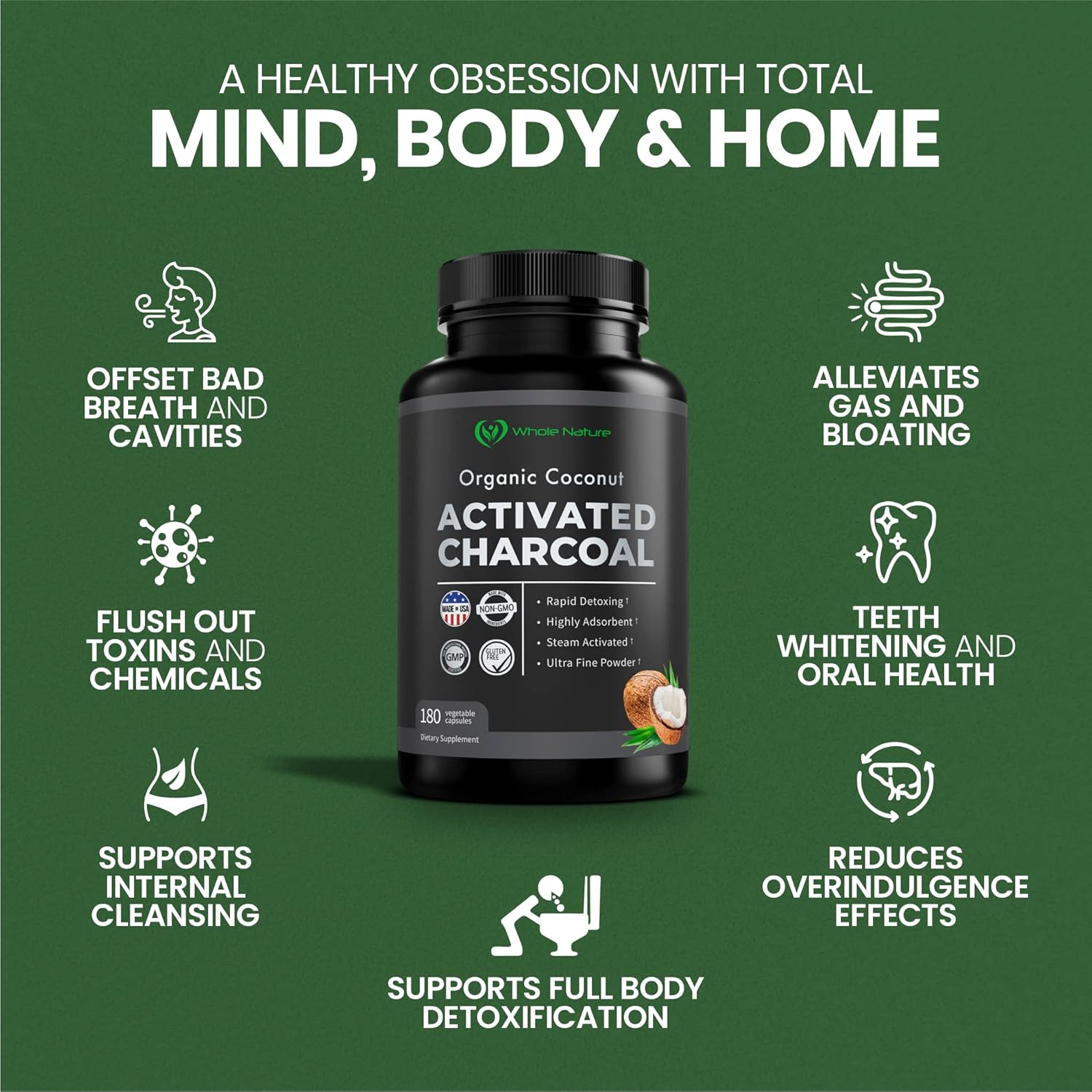 Coconut Activated Charcoal Capsules, 180 Charcoal Capsules, Teeth Whitening, Helps Constipation, Bloating, Stomach Gas, Heartburn, Pure Coconut Derived Supplement (2)