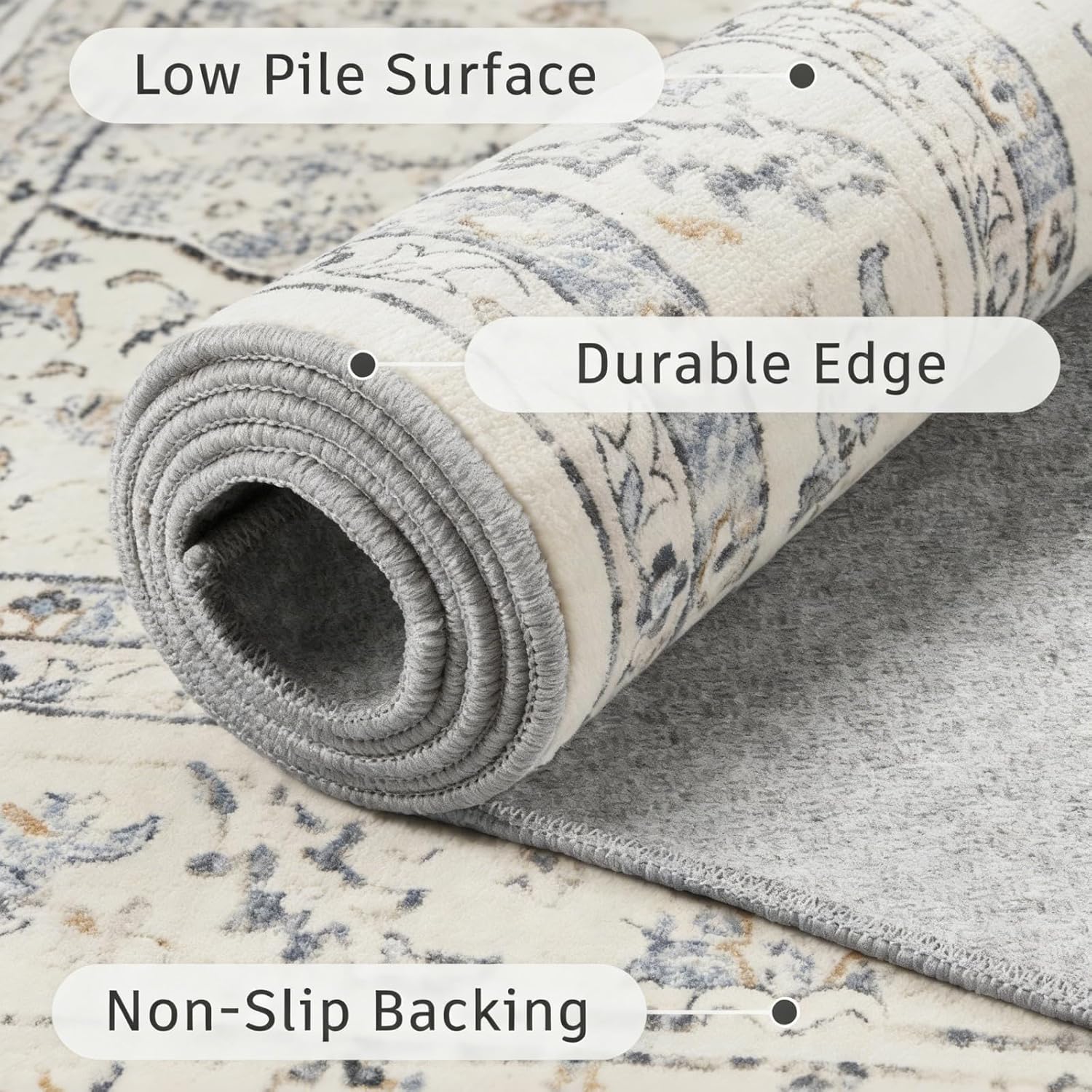 Traditional Area Rugs 8x10 Washable Non-Slip Stain Resistant Low-Pile Foldable Neutral Boho Carpet for Living Room Bedroom Dining Room Office(Grey)