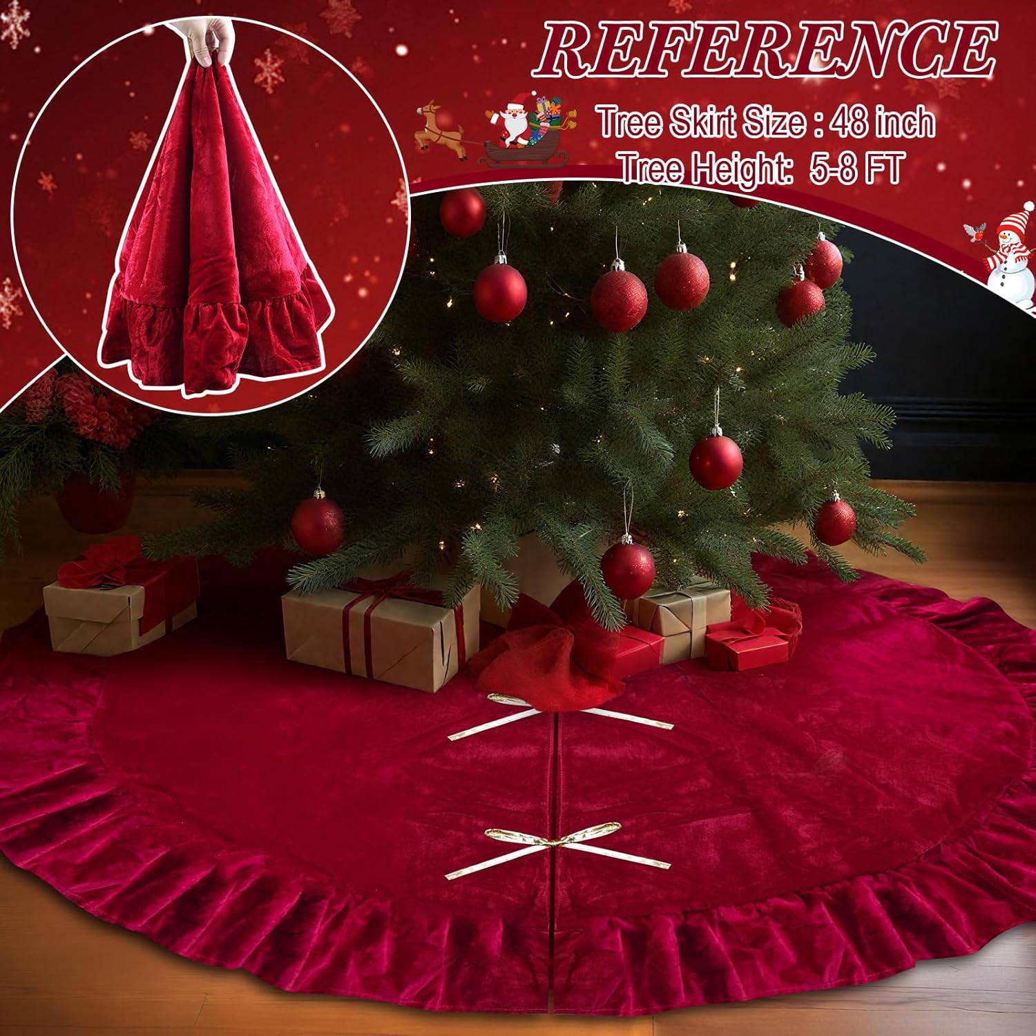 48 Inches Velvet Christmas Tree Skirt Decorations Red Wine Luxury Xmas Fur Plush Skirts for Merry Christmas Party Rustic Vintage Holiday Home Winter