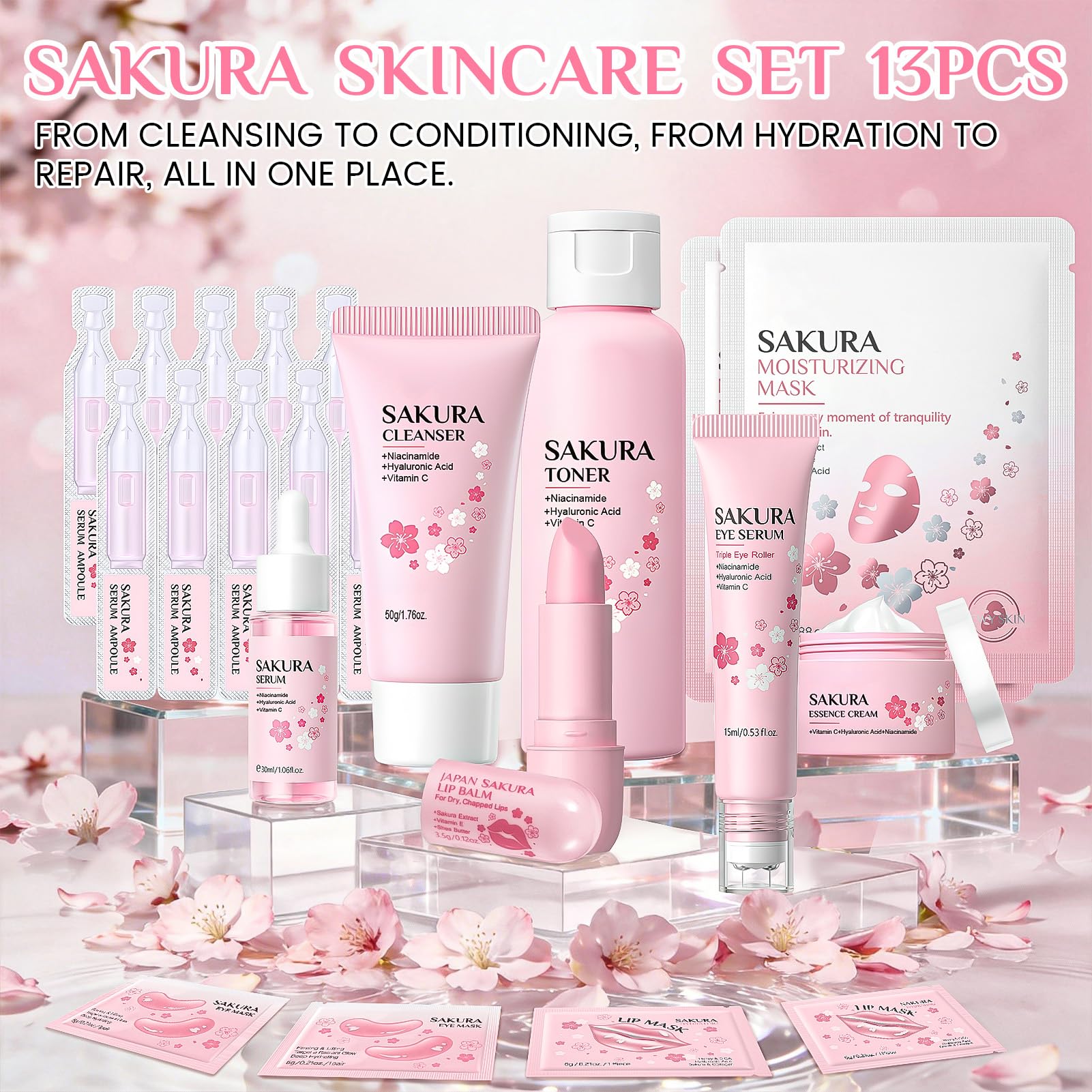 13 Pezzi Sakura Skin Care, Kit Skincare Viso Completo, Sakura Set Skincare mit Patch Occhi, Patch Labbra, Siero Viso, Crema Occhi, Lip Balm, Offre Una Riparazione Intensiva Completa