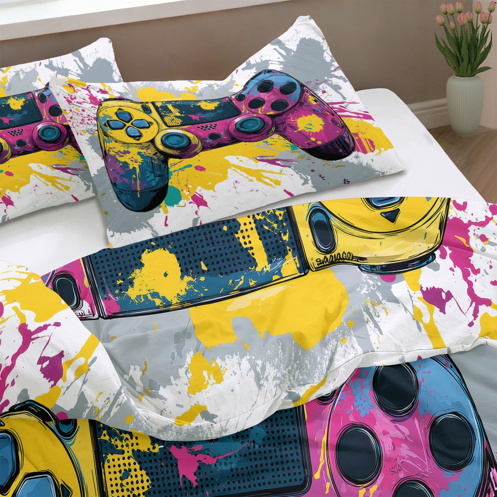 Controller Per Videogiochi Arte Cartoni Animati Set Copripiumino Matrimoniale 180x220cm,con 2 federe,Parure Copripiumino Microfibra con Stampa Digitale,Colorato Biancheria da Letto Decorativo
