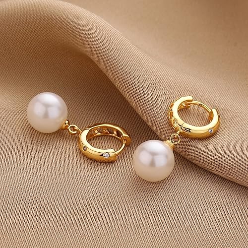 Miniatura 5 de XYJZXY Elegantes aretes de aro de perlas de imitación Aretes colgantes ligeros de perlas de imitación para mujer Joyas de boda con perlas de