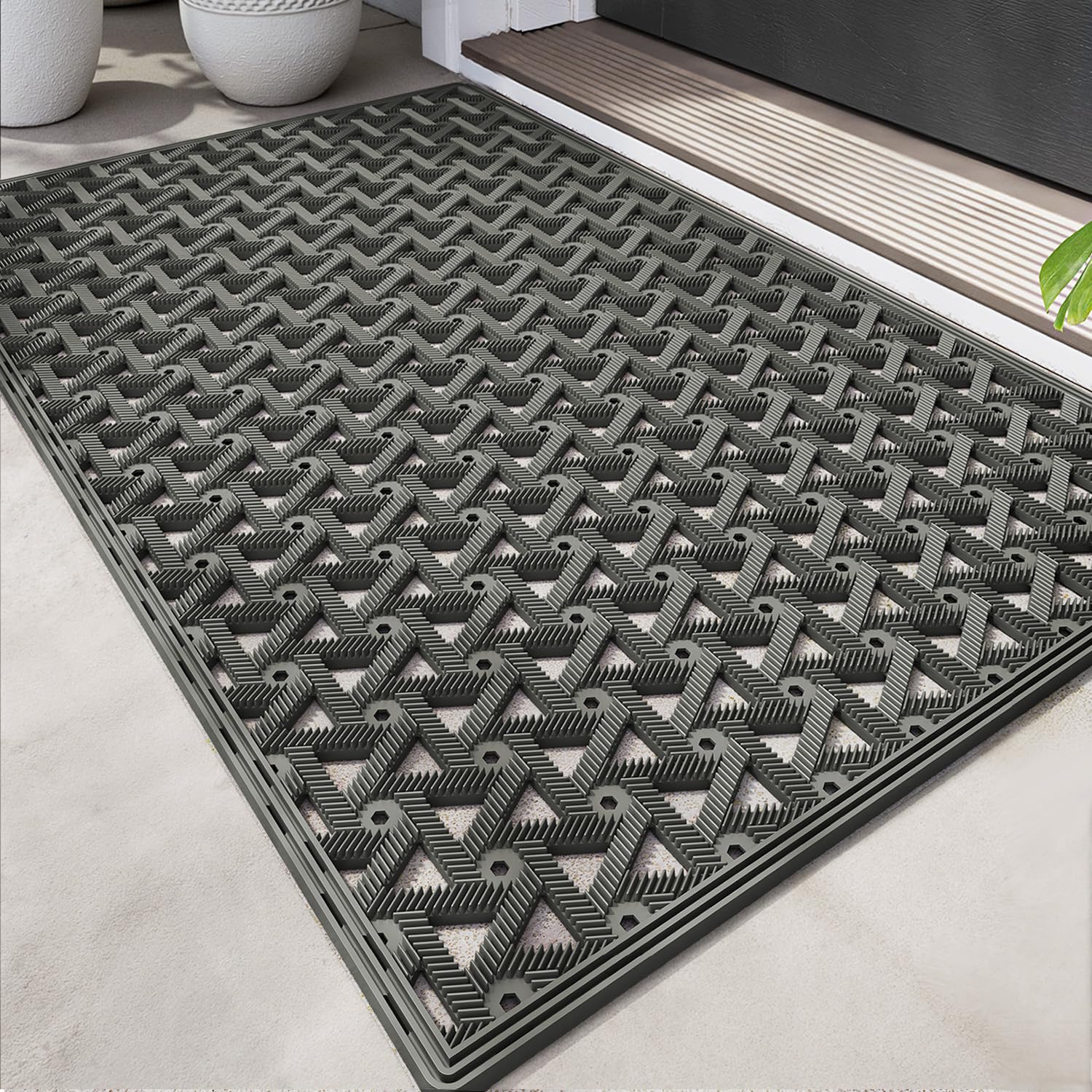 DEXI Outdoor Door Mat 61 x 91 cm, Non Slip Dirt Trapper Doormats Waterproof with Drainage Holes, Low Profile Entry Mats for Entrance, Patio, Garden, Grey