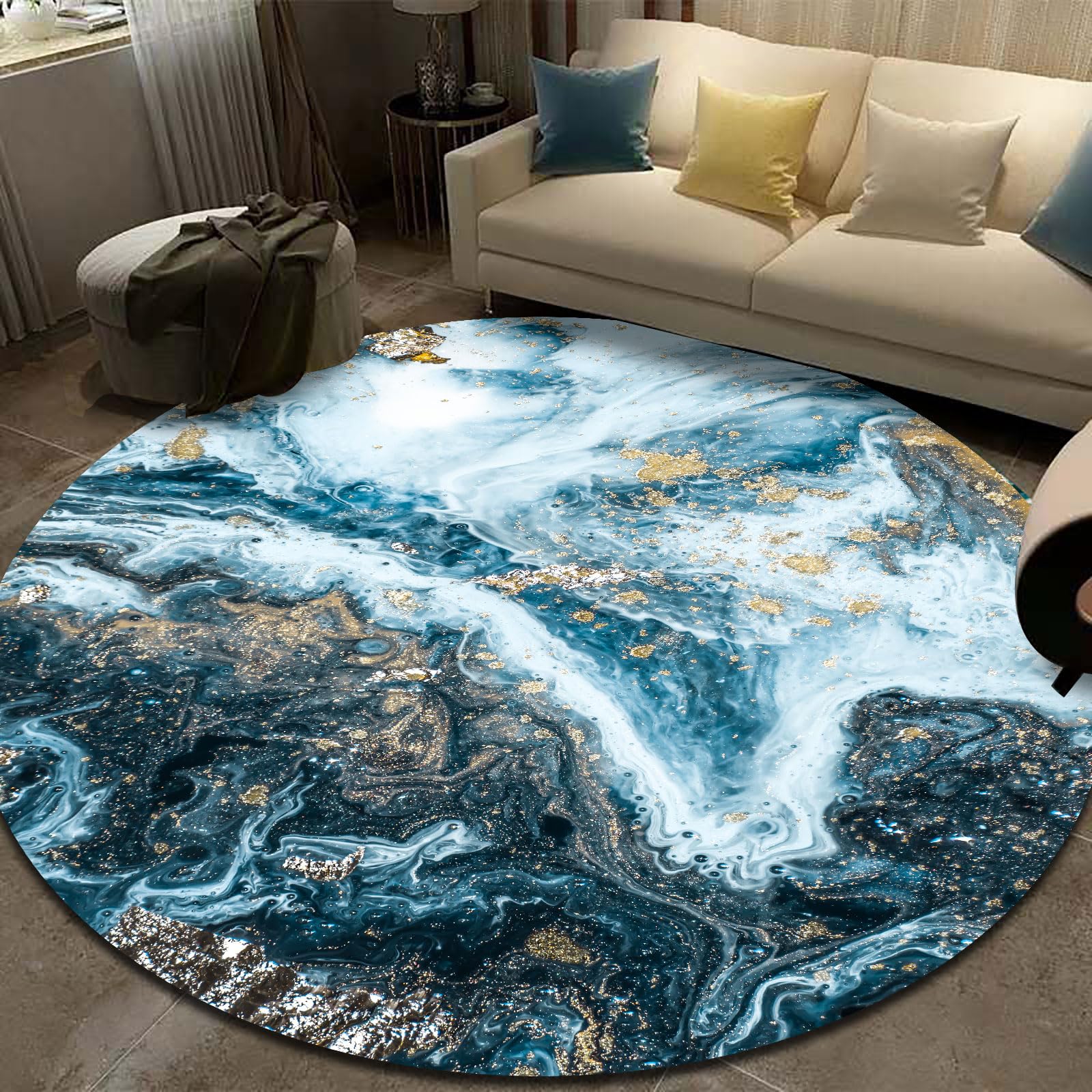 GUGJHFVH Round Short Pile Bedroom Area Rugs ø 130 cm Living Room Office Home Decor Non-Slip Rugs Easy Care Vintage Abstract Sea Water Texture Blue