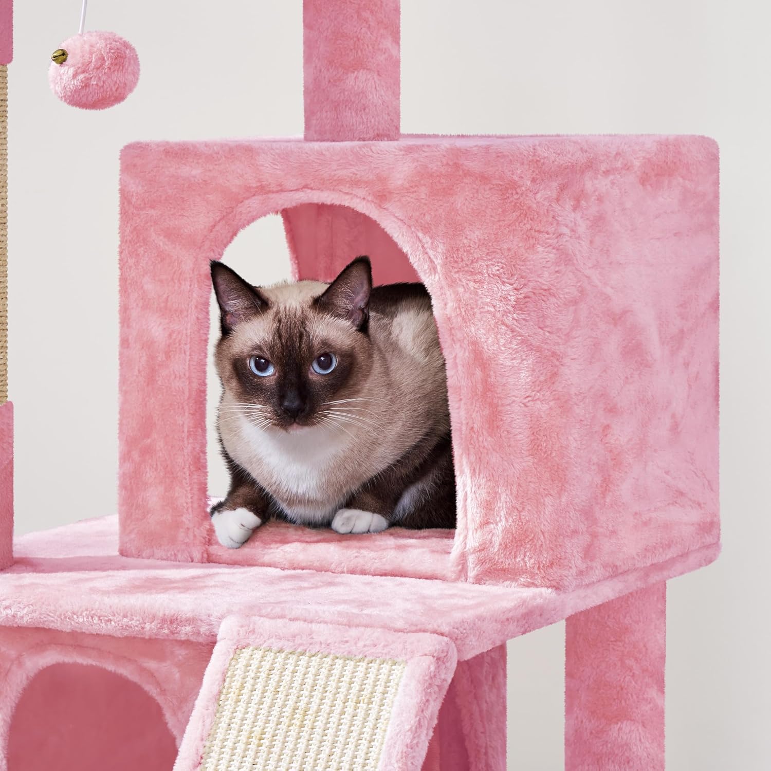 Yaheetech Cat Tree Cat Tower Play House Climber Stand Furniture with Scratching Post, Plush Perch, Dangling Ball, Two Condo and Ramp, for Kittens, Cats and Pet, Pink