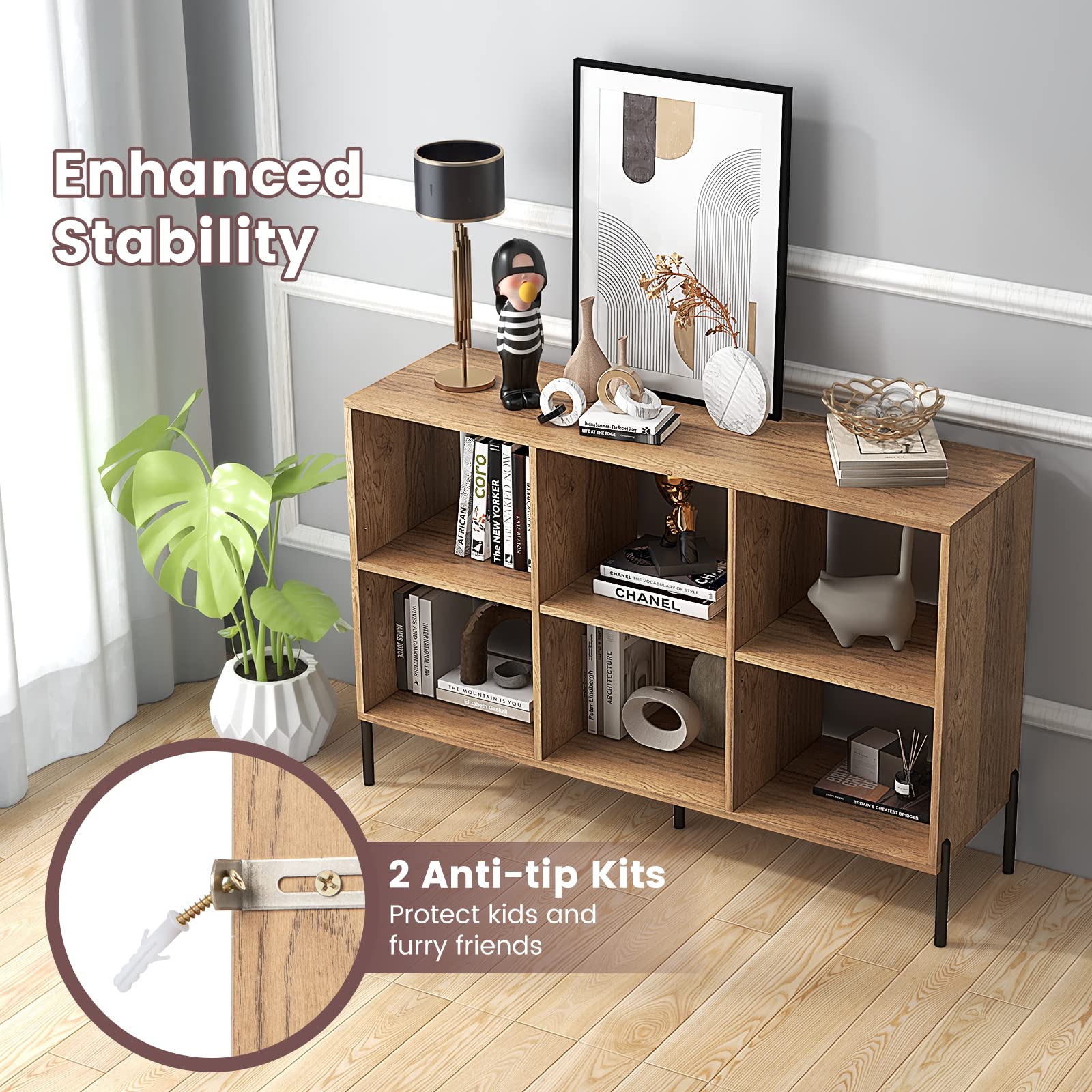 GIANTEX Librería de 3 Niveles, Estantería Abierta de Madera de de 6 Cubos con Patas de Metal, Mueble Independiente con Estante Ajustable para Estudio, Sala de Estar, Oficina en Casa (Natural)