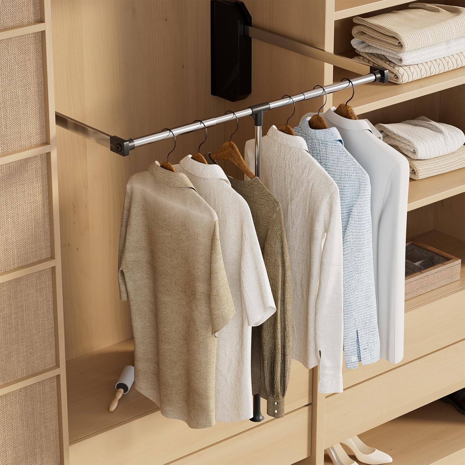 tonchean Pull Down Closet Rod 26-35 Inch Adjustable Side & Back Mounted Closet Rod for Cabinets Soft-Close Wardrobe Lift Rail Organizer for Hanging Clothes, 60lbs Load Capacity