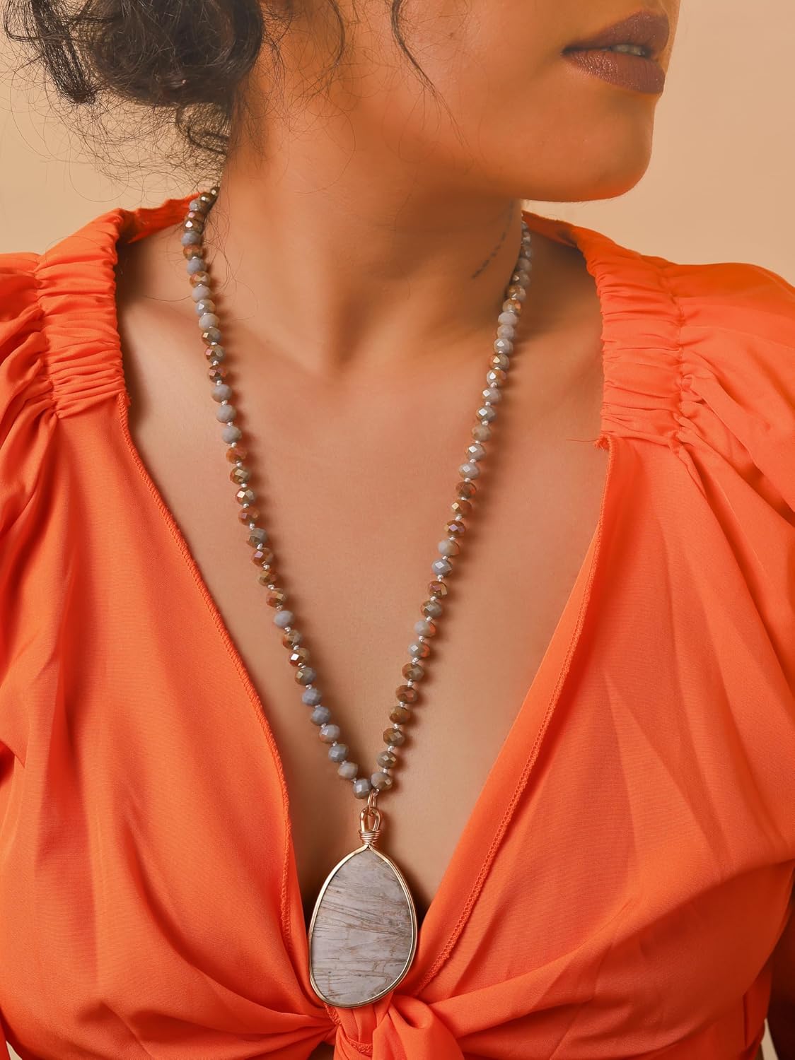 MINACHI Handmade Agate Pebble Pendant with Crystal Beads, Random Stone Shape, Vintage Women's Jewelry - Image 3