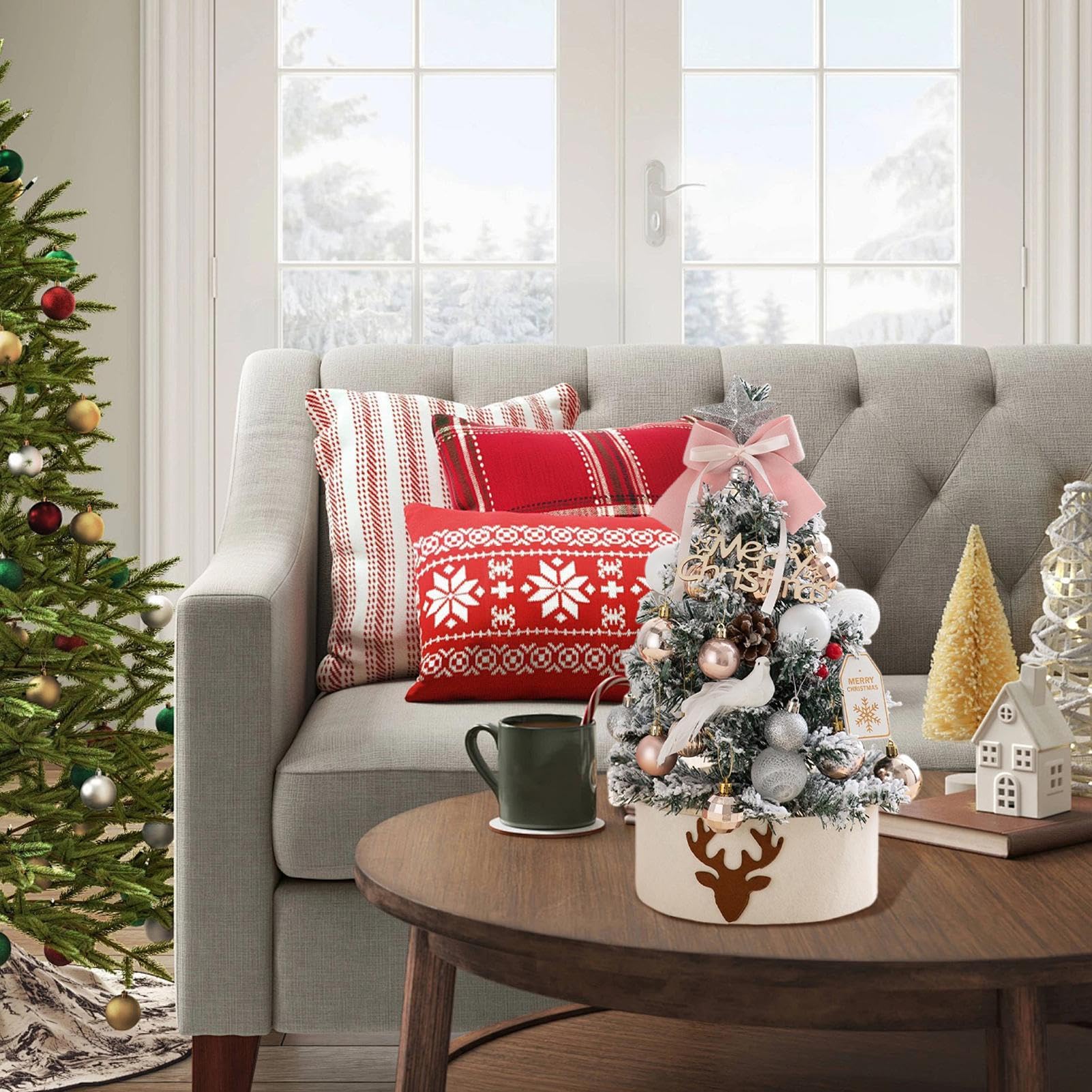 Sapin De Noël De Table - Sapin de Noël de Bureau 45cm avec Lumière | Intégrée,Décoration Floquée pour Table Foyer Fenêtre Porche Décor Hivernale - Décoration d'hiver et Fêtes pour Maison