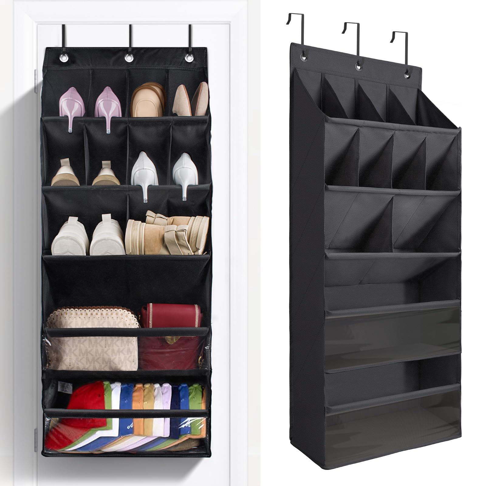 FENTEC 1 Pack Over-the-Door-Shoe-Organizers, Hanging Shoe Organizer with Large Pocket Shoe Holder Hanging Shoe Rack for Closet Shoe Organizer for Wall, Over Door Organizer with 15 Pockets Black