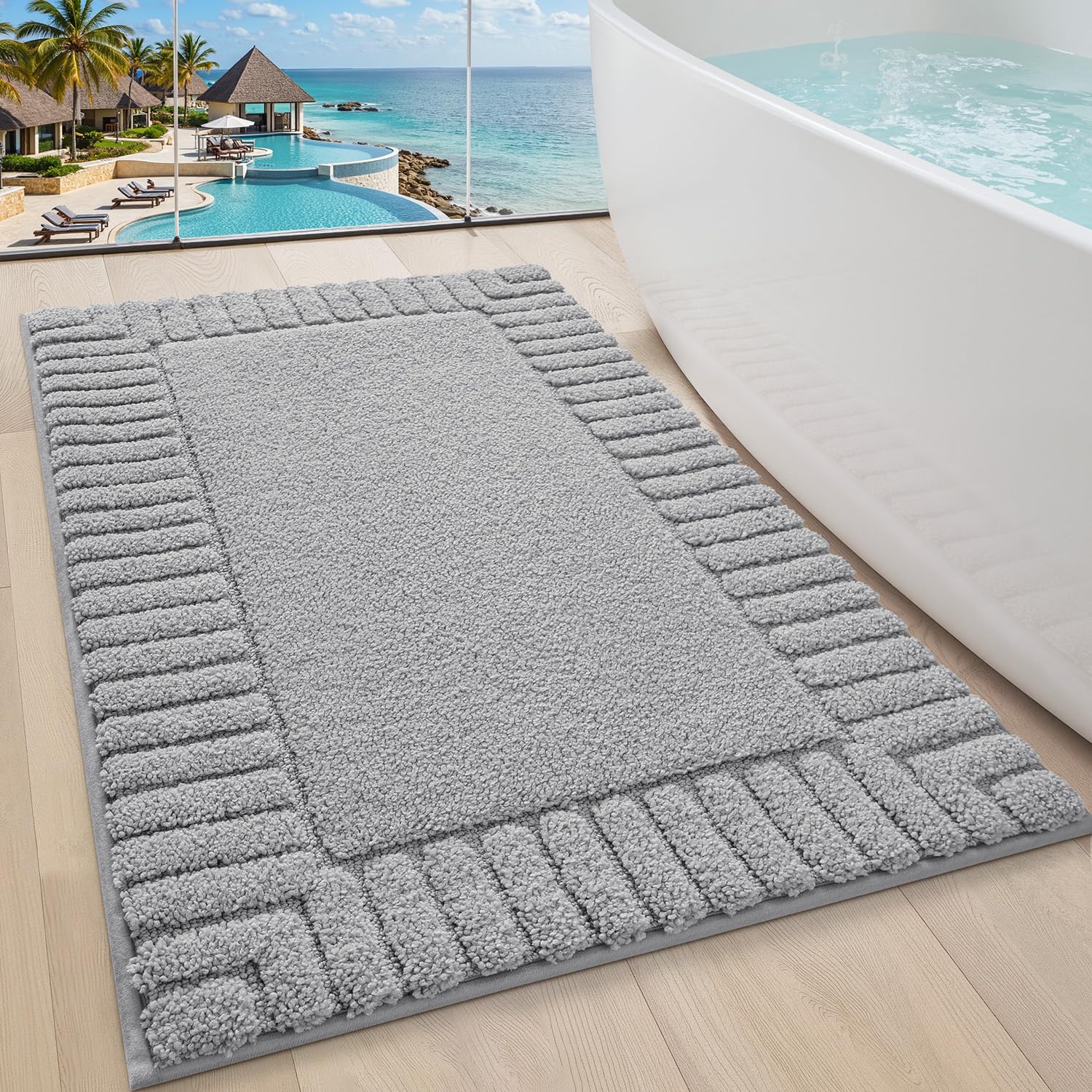 LUMI Bath Mats Non Slip with Rubber Backing, Extra Soft Plush Microfiber Bath Rug Absorbent, Machine Washable Bath Mat Quick Dry for Tub, Shower, Hotel, Light Grey, 60x90cm