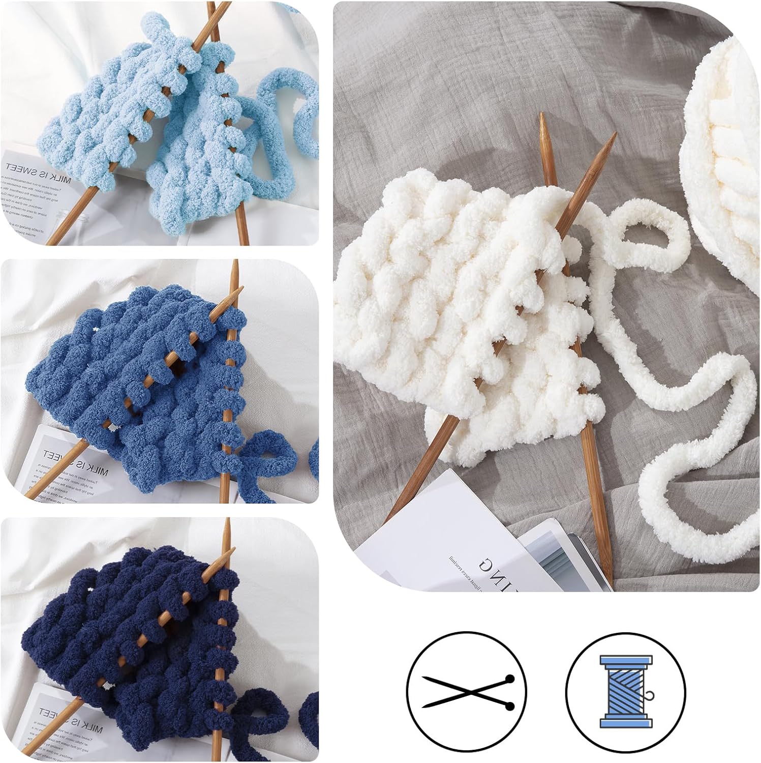 HOMBYS Chunky Chenille Yarn for Crocheting, Super Bulky Jumbo Yarn for Hand Knitting, 3/4" Thick Soft Plush Yarn for Blankets, 8 Skein Pack (27 yds / 8 oz Each), Multi Assorted Cream Blue
