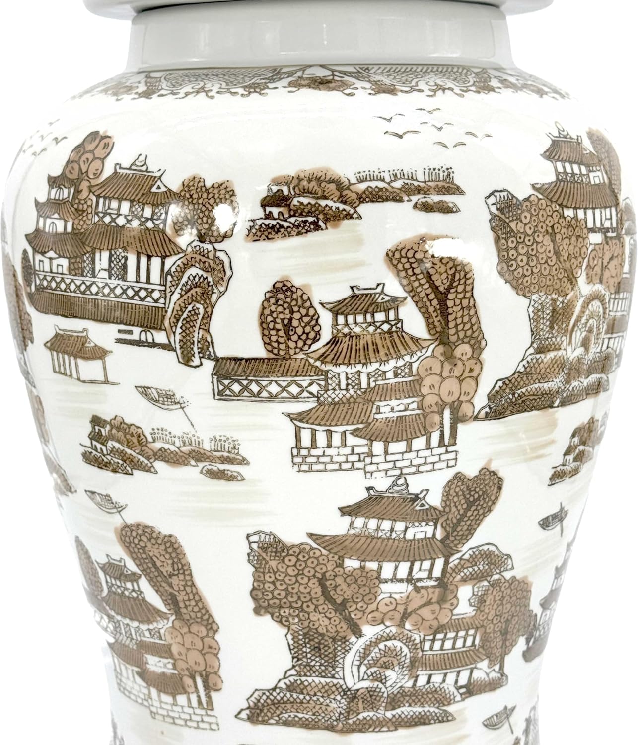 Galt International Large 25" Brown & White Classic Landscape Chinoiserie Ceramic Temple Jar w/Lid - Ginger Jar Home & Kitchen Decor for Interior Design - 25-inch