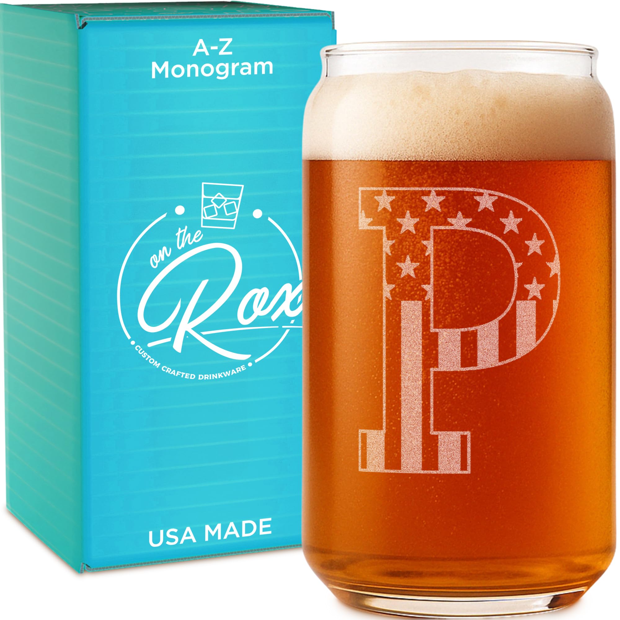 On The Rox Monogram Beer Glasses for Men (A-Z) 16 oz - Personalized Engraved Beer Gifts for Him - Groomsmen Gifts Brother in Law Dad Son Coworker - Unique USA Made Dishwasher Safe Pint Glass (P)