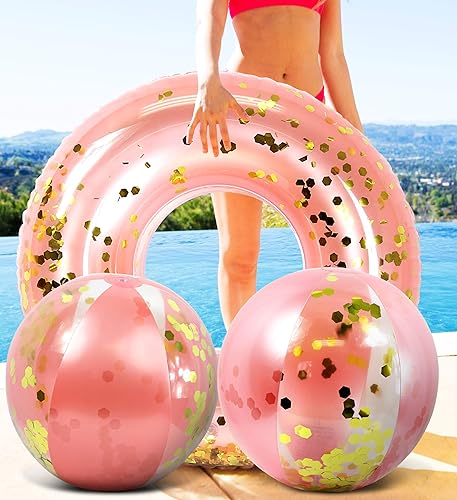Miniatura 6 de Mozlly Paquete de pelotas de playa inflables de oro rosa y tubo de flotador de piscina, flotador de piscina y bola de playa con purpurina,