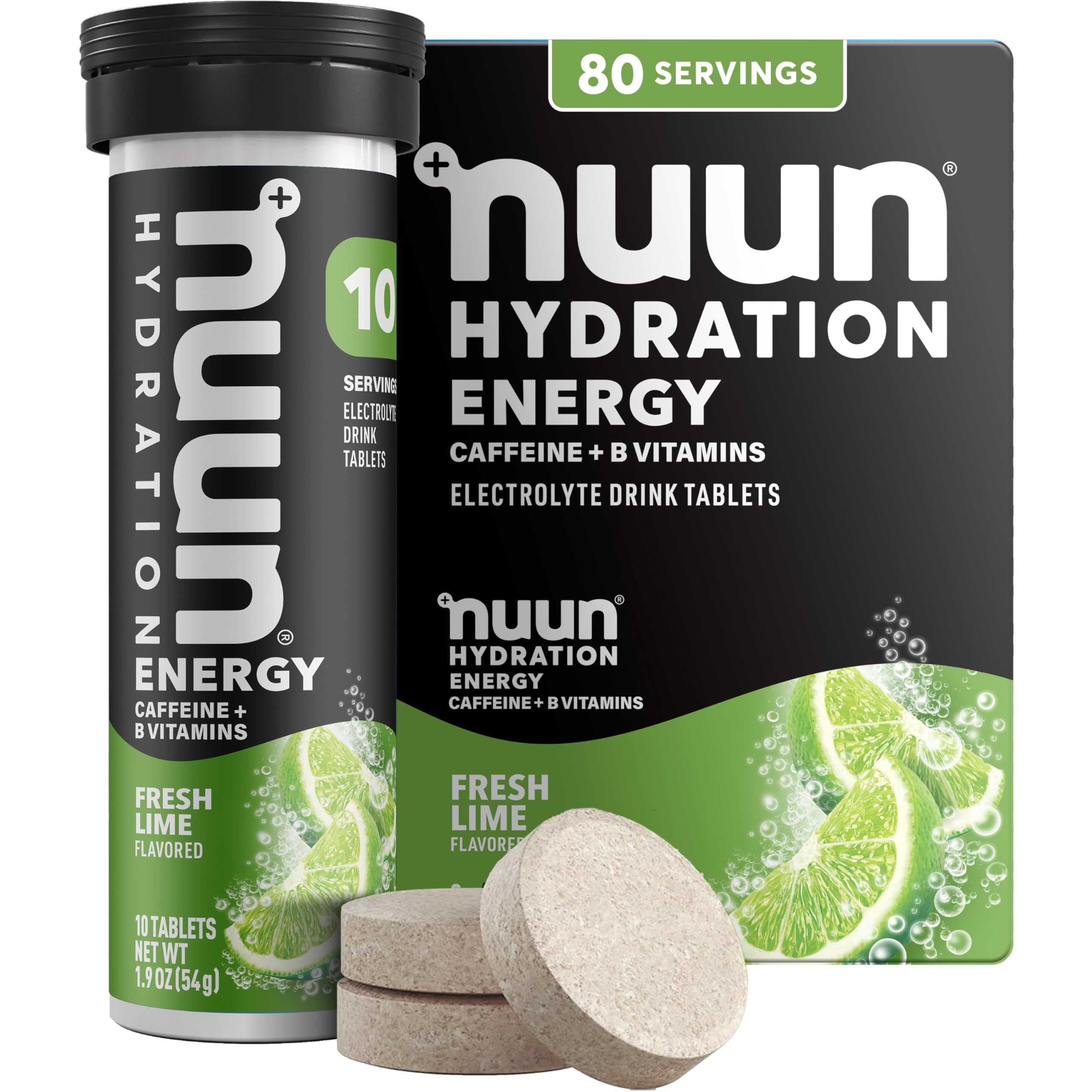 Nuun Energy Caffeine + B Vitamins, Electrolyte Hydration Tablets with Caffeine from Green Tea Extract, Magnesium &amp; 4 Other Electrolytes, Gluten Free, Vegan, Fresh Lime, 80 Count (Pack of 48)
