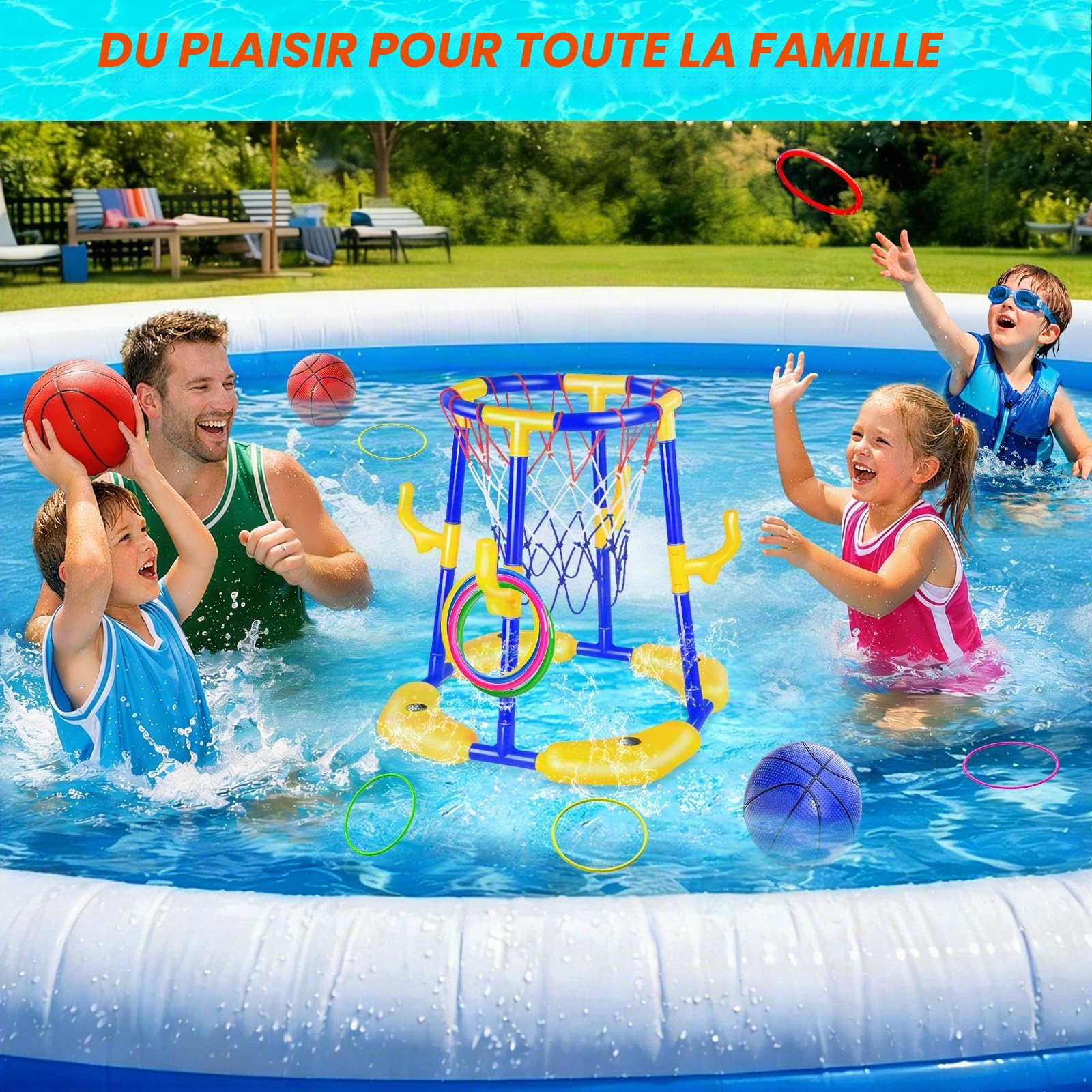 Ensemble de panier de basketball pour piscine_Panier de basketball flottant pour piscine avec 4 ballons d'eau, pompe et anneaux, jouet de piscine 2-en-1 pour adultes, adolescents et enfants