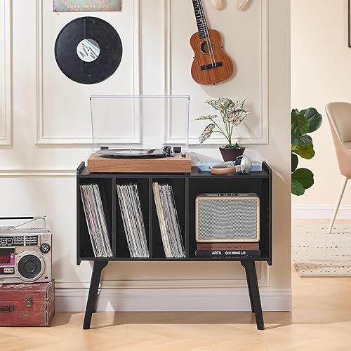 Miniatura 7 de Lerliuo Record Player Stand with 4 Cabinet Holds Up to 220 Albums, Large Turntable Stand with Beech Wood Legs, Mid-Century Record Player Table,Black