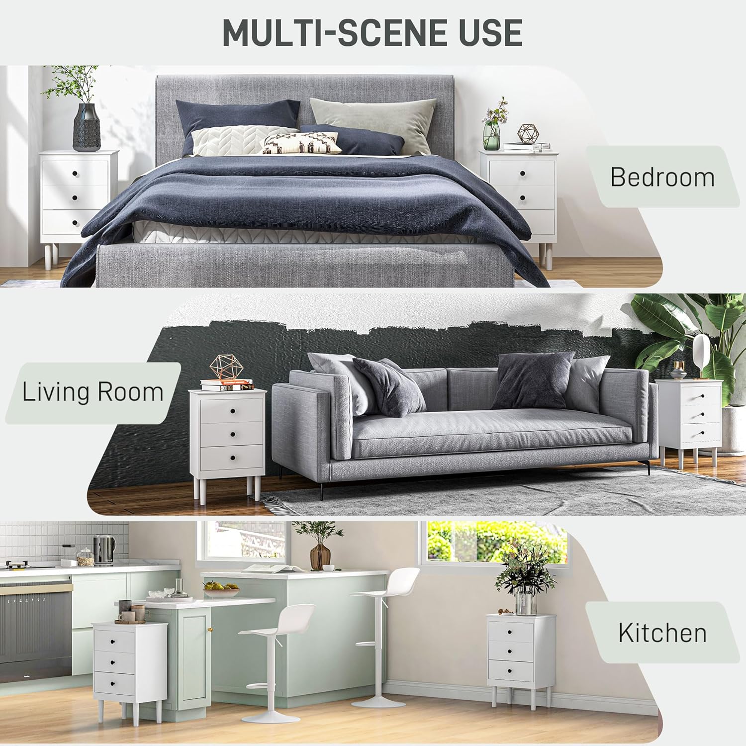 Collage showing the HOMCOM nightstand used in a bedroom, living room, and kitchen setting, highlighting its multi-scene utility.