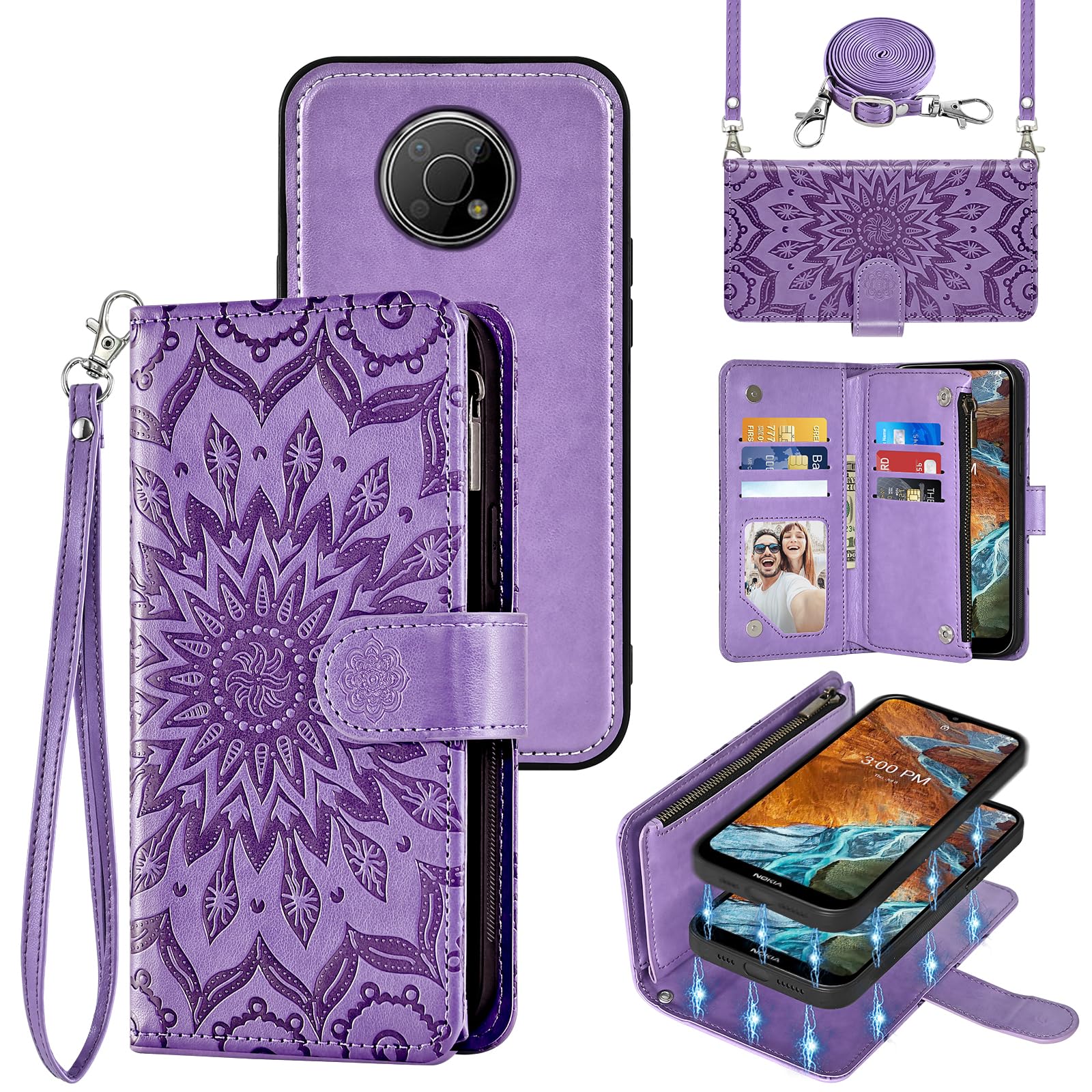 Asuwish Phone Case for Nokia G300 5G N1374DL Zipper Wallet Magnetic Detachable Cell Cover with Screen Protector Crossbody Lanyard Strap Flip Card Holder Slot NokiaG300 G 300 300G 2021 Women Purple