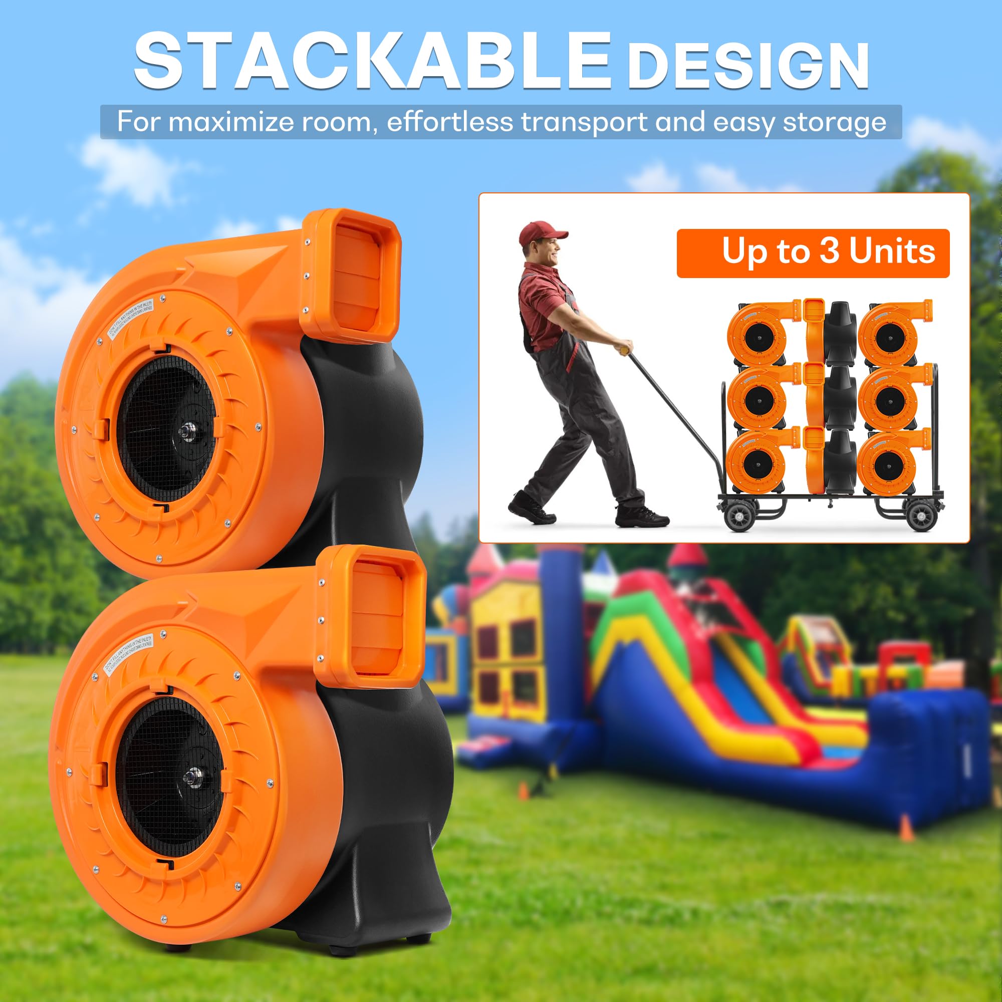 Soplador de aire inflable de 2 HP para inflables grandes, potente soplador de casa de rebote de 1500 W, bomba de ventilador comercial portátil para castillo inflable grande, tobogán de agua, puente