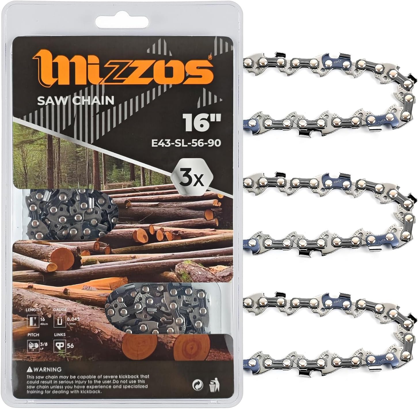 MIZZOS Extreme Chain 3-Pack | 16" Bar 3/8"LP .043" Gauge 56 Links | 68CrNiMo Steel | Fits Stihl MS170/MS180, Husqvarna 120i | Lightweight Pro Cutting & Emergency Cleanup