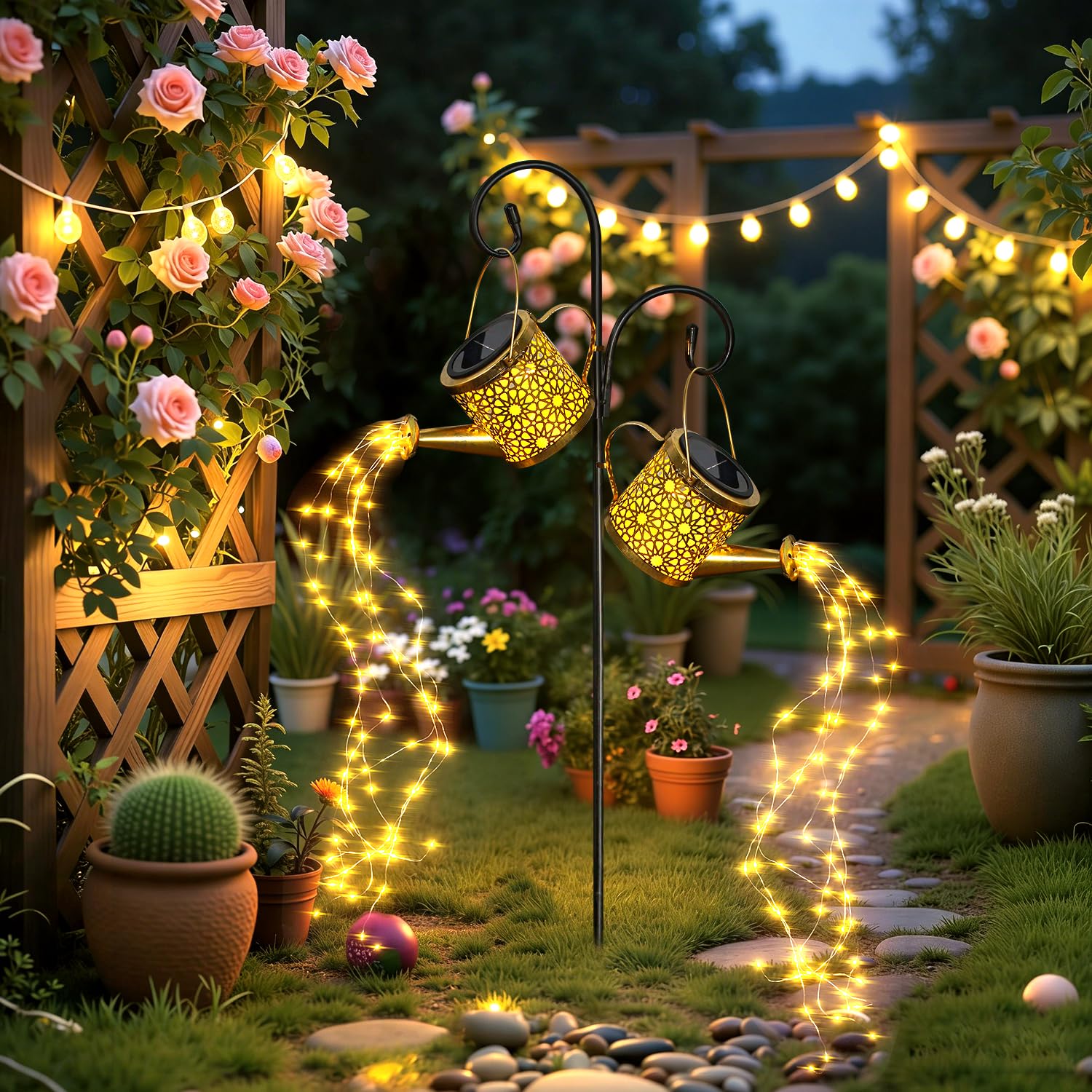 2 Pack Solar Lights Outdoor Garden Ornaments,Led Solar String Light Waterproof Metal Hanging Watering Can Lantern for Patio Yard Pathway Decoration,Gardening Gifts for Mom Grandma Women Birthday