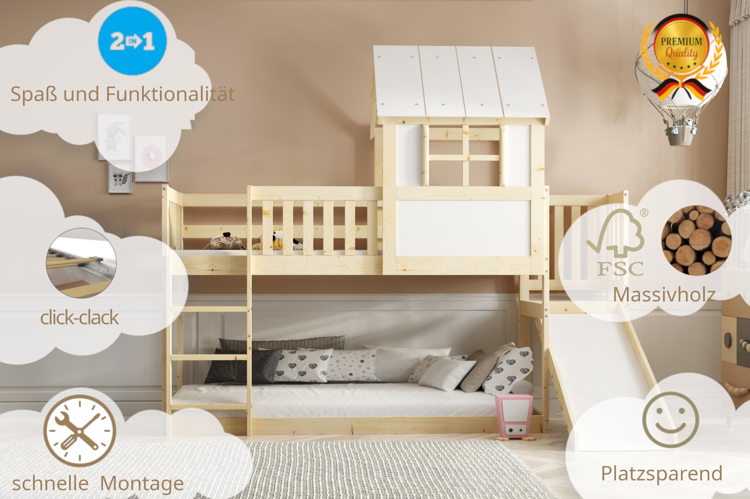 Interbeds Hochbett 90x200 cm mit Rutsche und Treppen Etagenbett Stockbett Holzbett Kinderbett mit Lattenrost Spielbett für Kinder Jugendbett aus Massivholz mit Sicherheitsgeländer (Mit Rutsche)