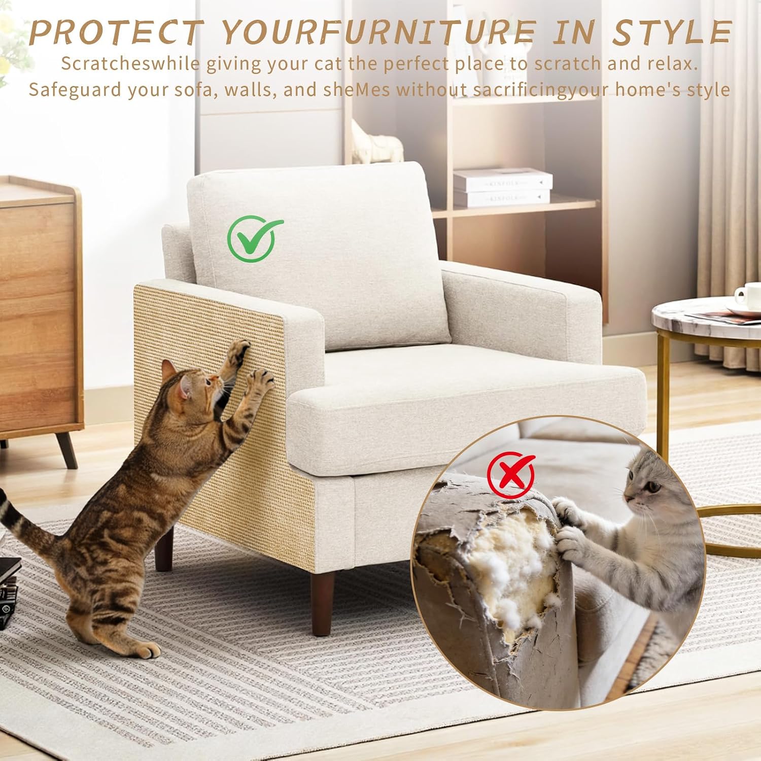 Heavy Duty Cat Scratch Furniture Protector (Khaki, 39.3x15.7Inch) | Self-Adhesive Couch Protector for Cats, Anti-Scratch Cat Scratch Pad for Sofa, Door and Wall, Trimmable DIY Cat Climbing