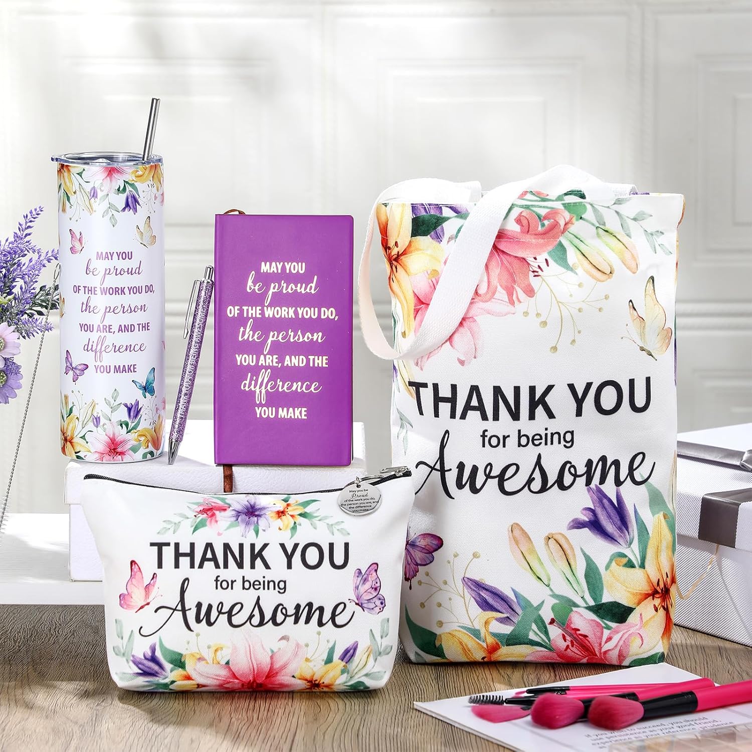 Patelai 6 Pcs Employee Appreciation Gifts Set, Valentine Thank You Gift for Women Coworker Teacher Staff Nurse Lady, May You Be Proud Inspirational Bag Pen Journal Keychain, Butterfly Flowers - Image 4